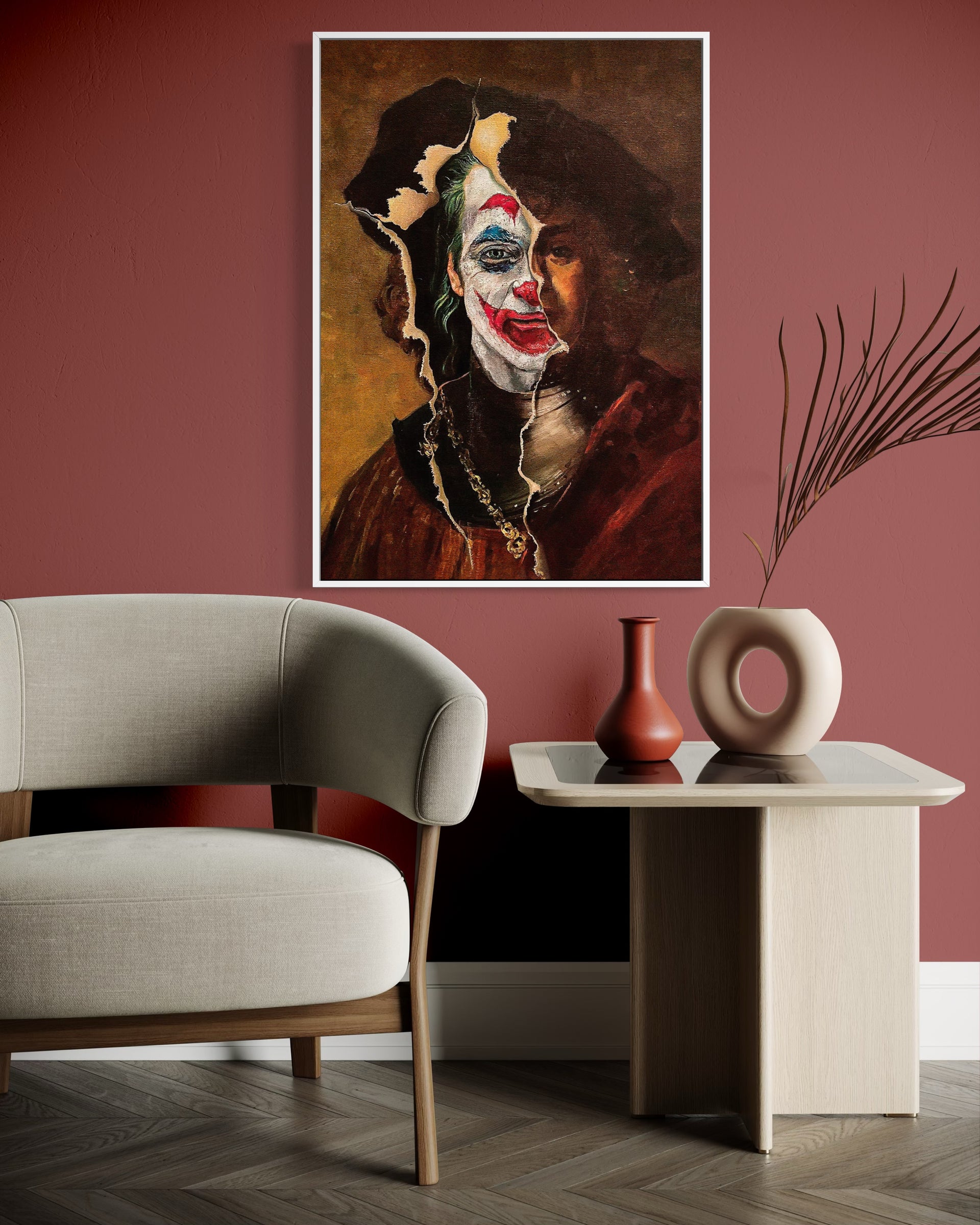 Sorpresa, ritratto clown multicolore con cornice bianca rettangolare
