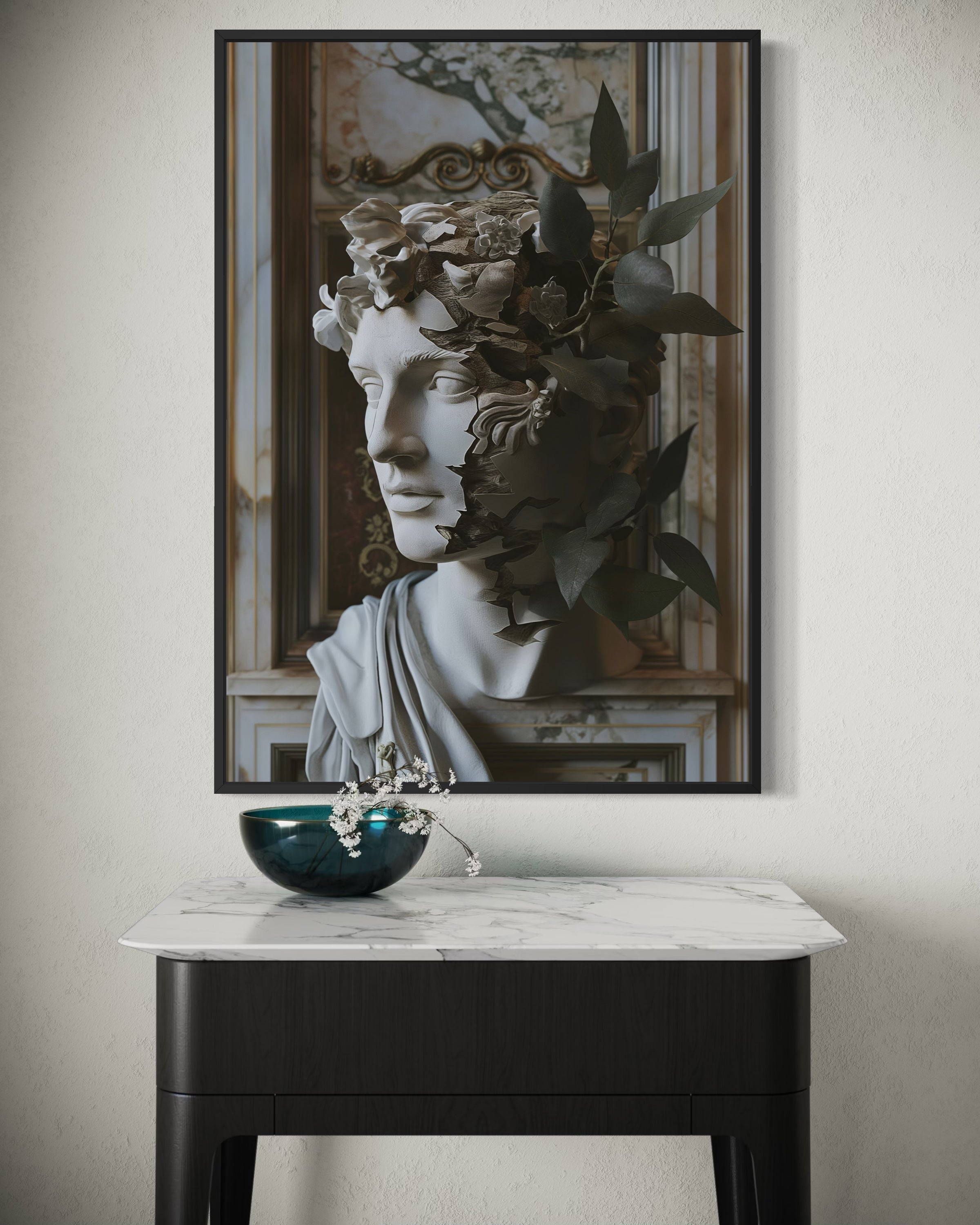 Neoclassic art con cornice nera: ritratto scultoreo e foglie su sfondo chiaro