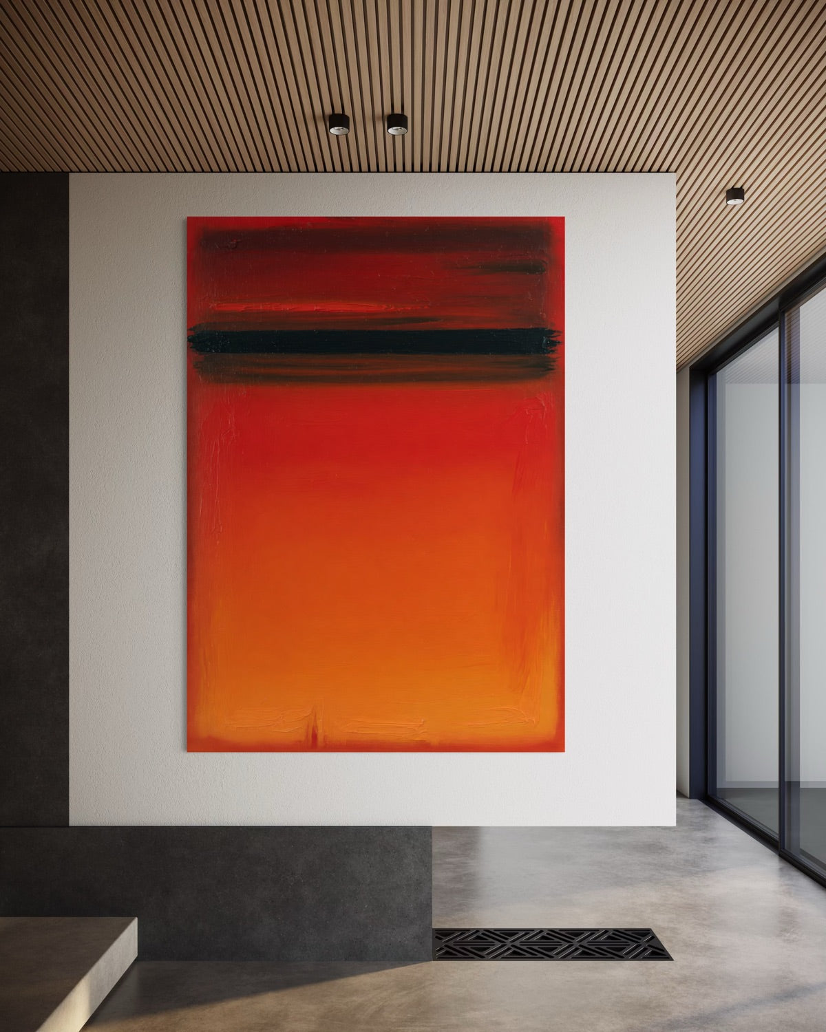 Stampa d’arte astratta incorniciata, rosso e arancio con fascia scura orizzontale