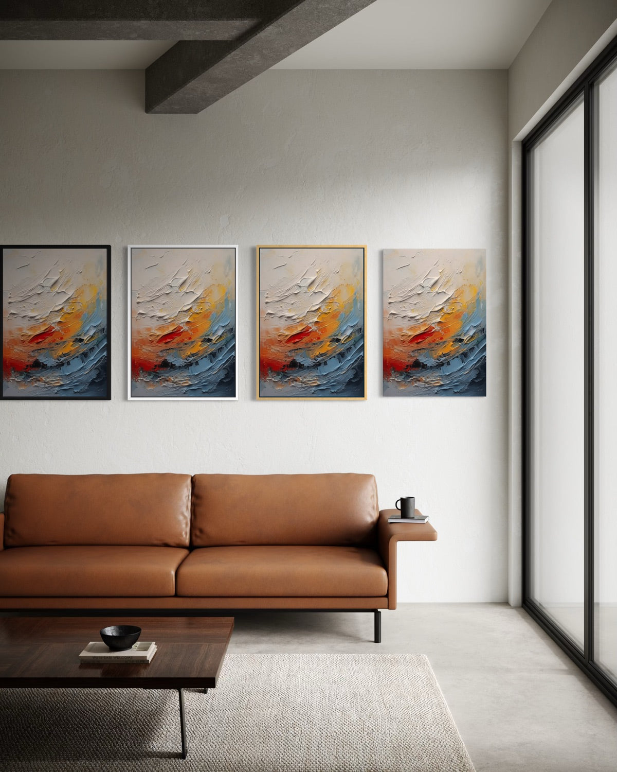 Set di 4 stampe incorniciate con pennellate astratte, colori arancio e blu su sfondo chiaro