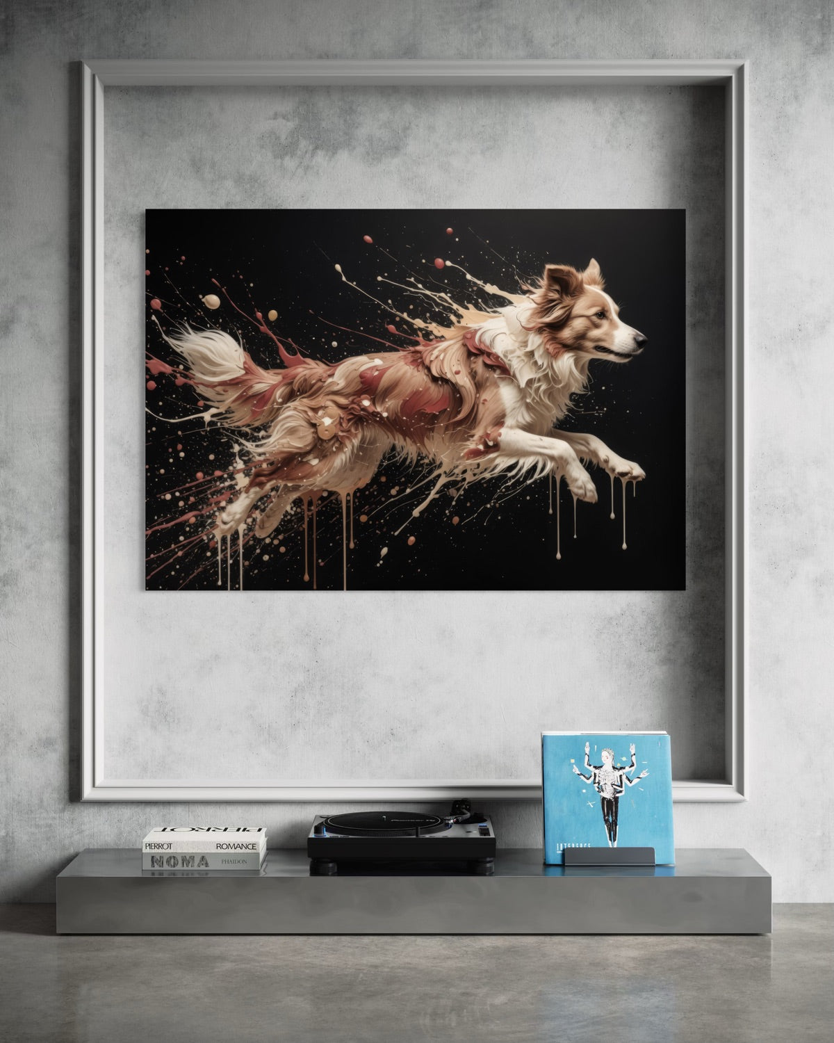 Quadro con cornice chiara, stampa di un cane con effetti spruzzi colorati