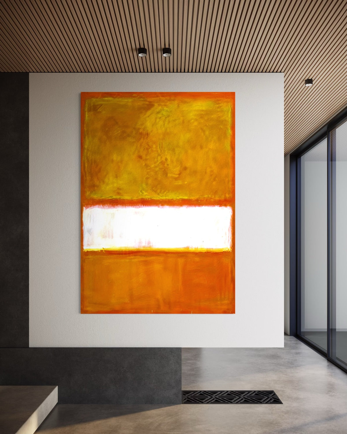 Stampa d’arte astratta incorniciata, giallo-arancio con fascia bianca e base marrone
