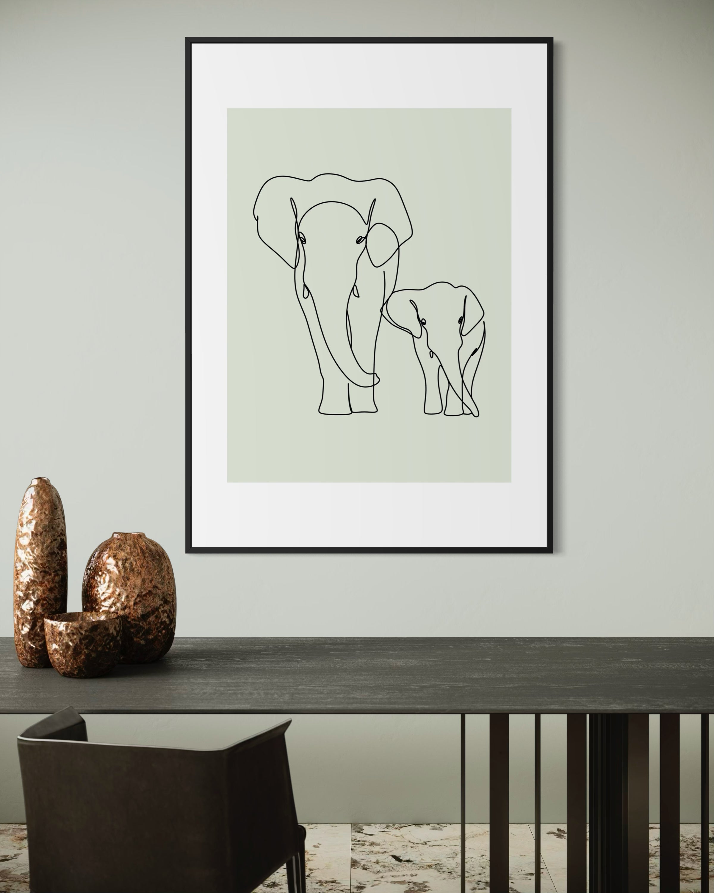 Amore materno, quadro con cornice nera e illustrazione di elefanti in linea