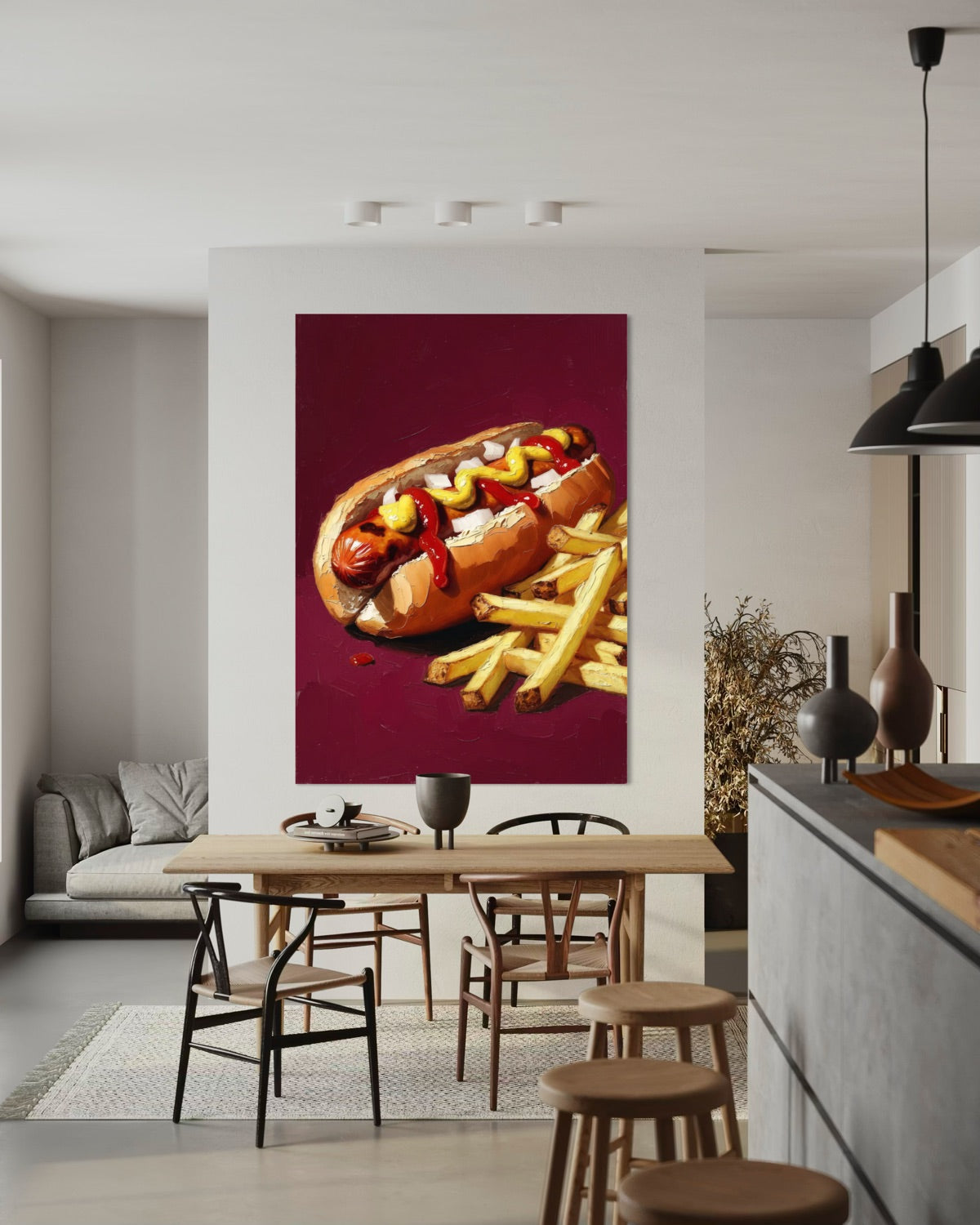Stampa incorniciata verticale di hot dog con patatine e salsa