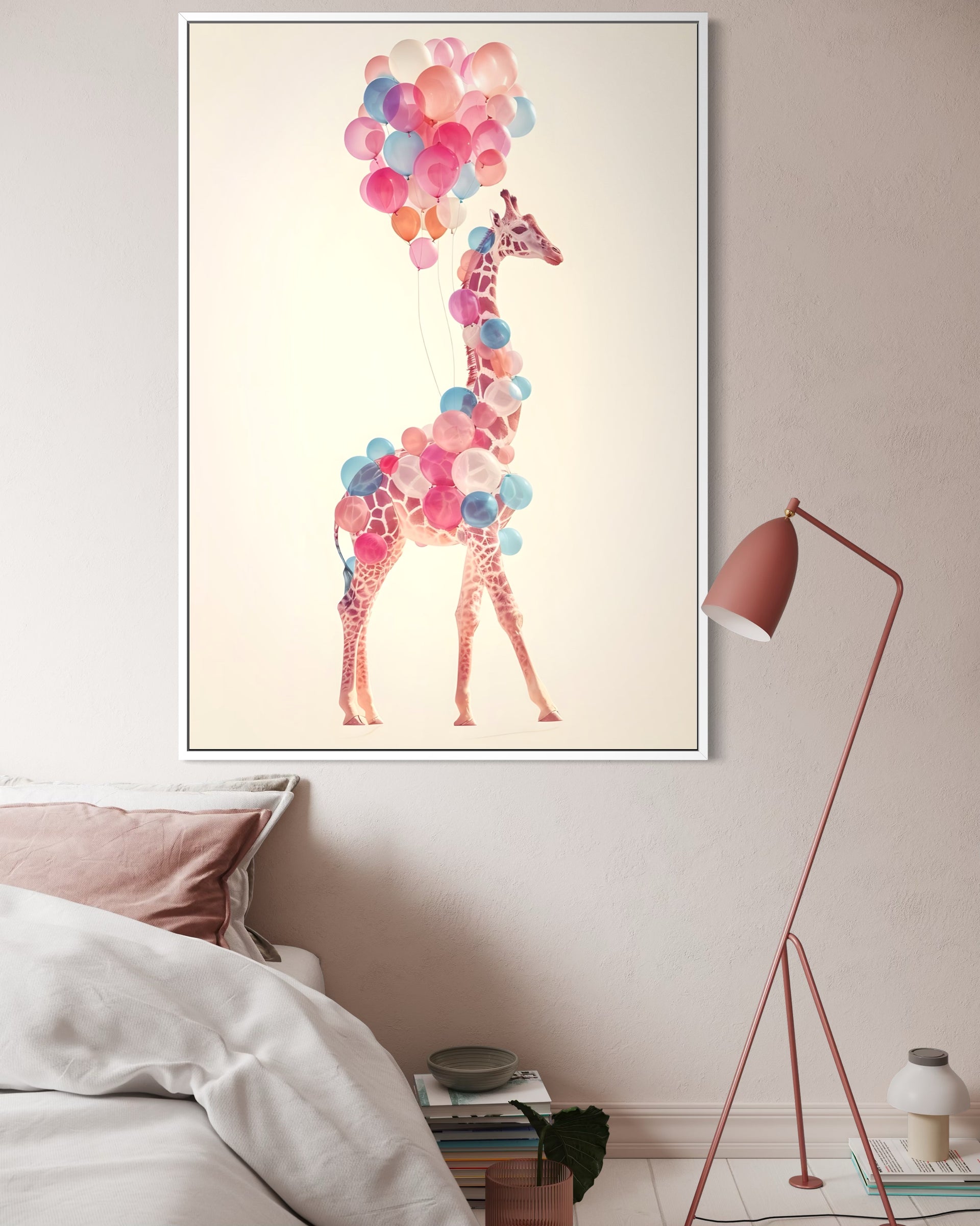 Elevazione: giraffa con cuori multicolore, cornice bianca