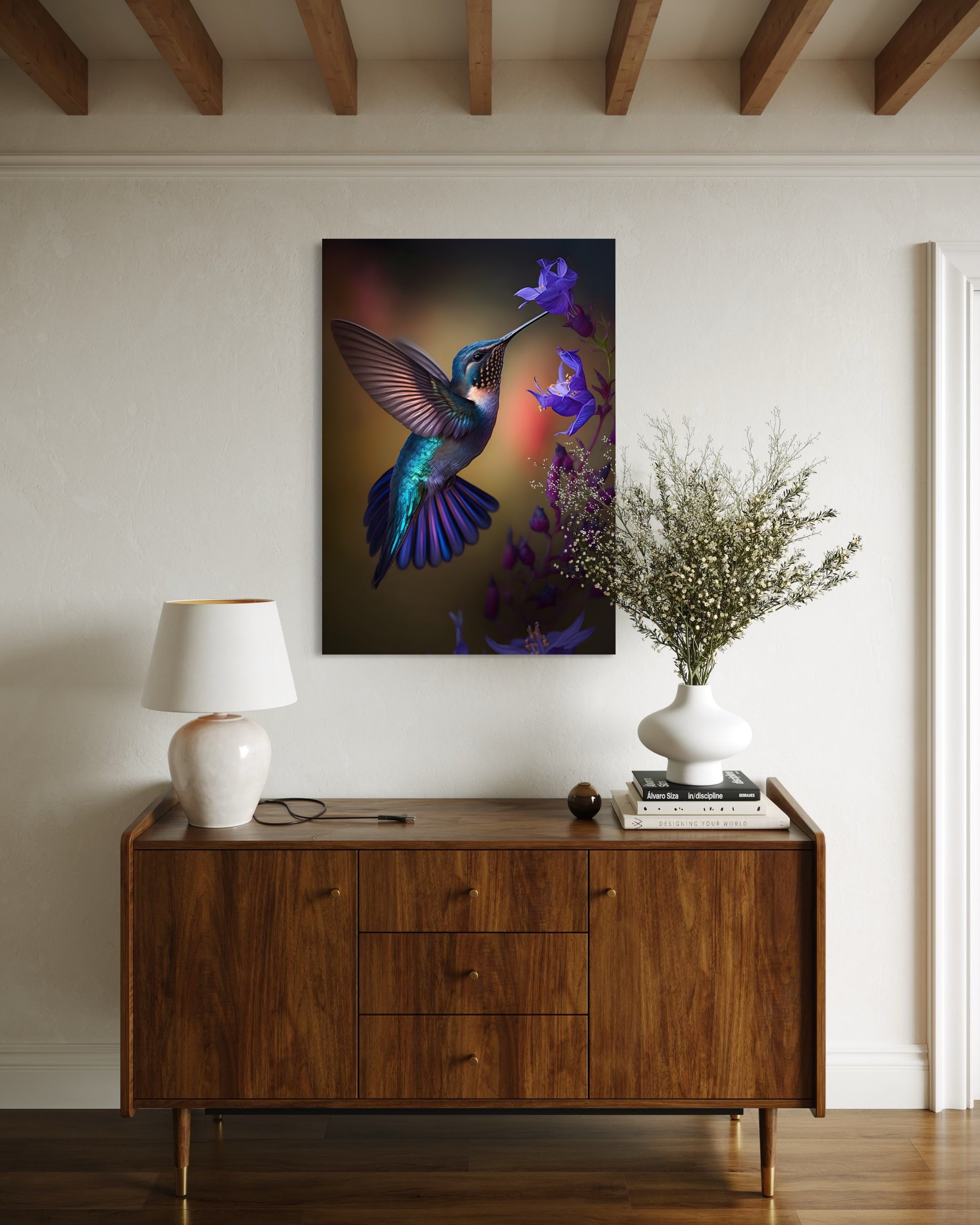 Colibrì Iridescente blu e viola, stampa su sfondo scuro con cornice nera