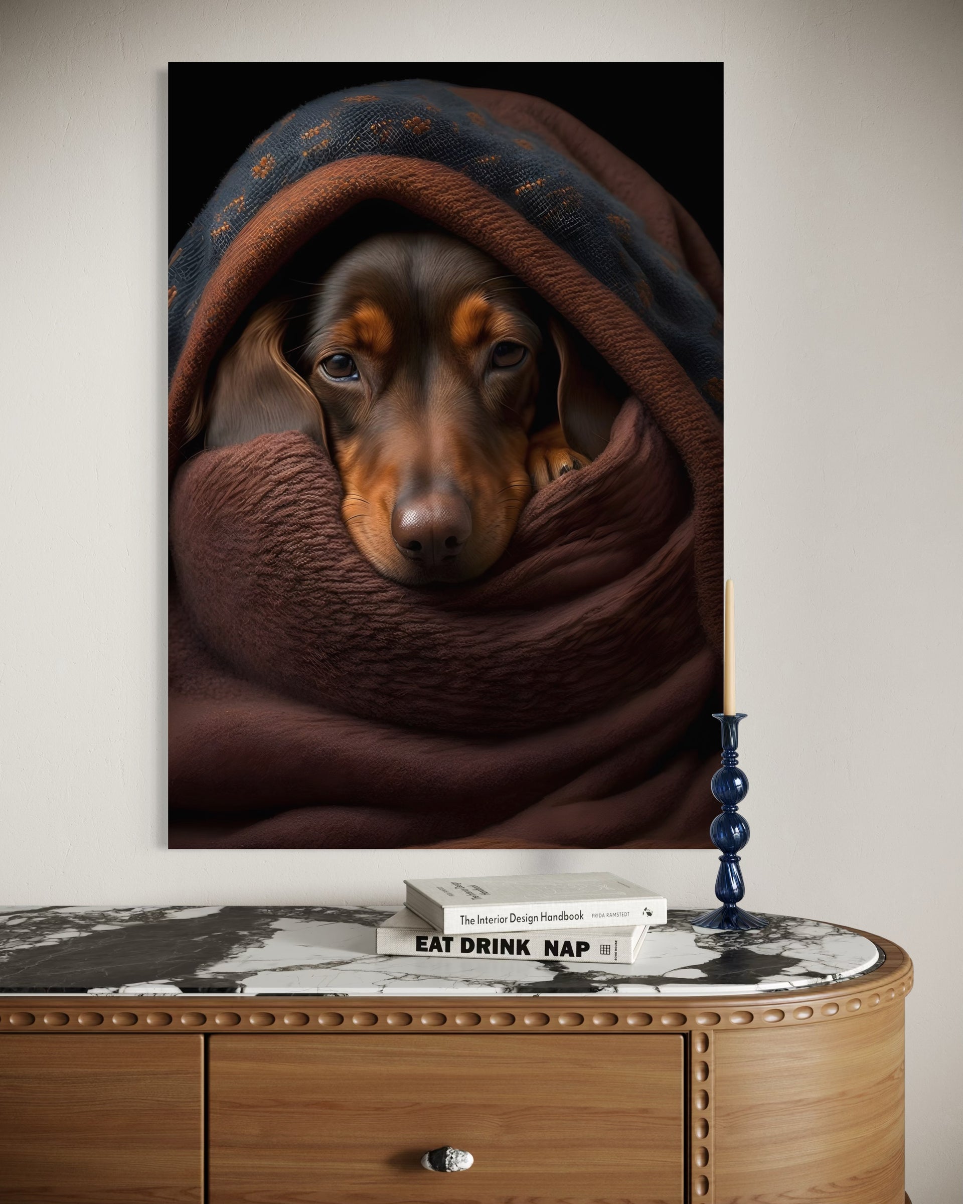 Bassotto Coccoloso con coperta scura, sguardo dall’interno nella cornice nera