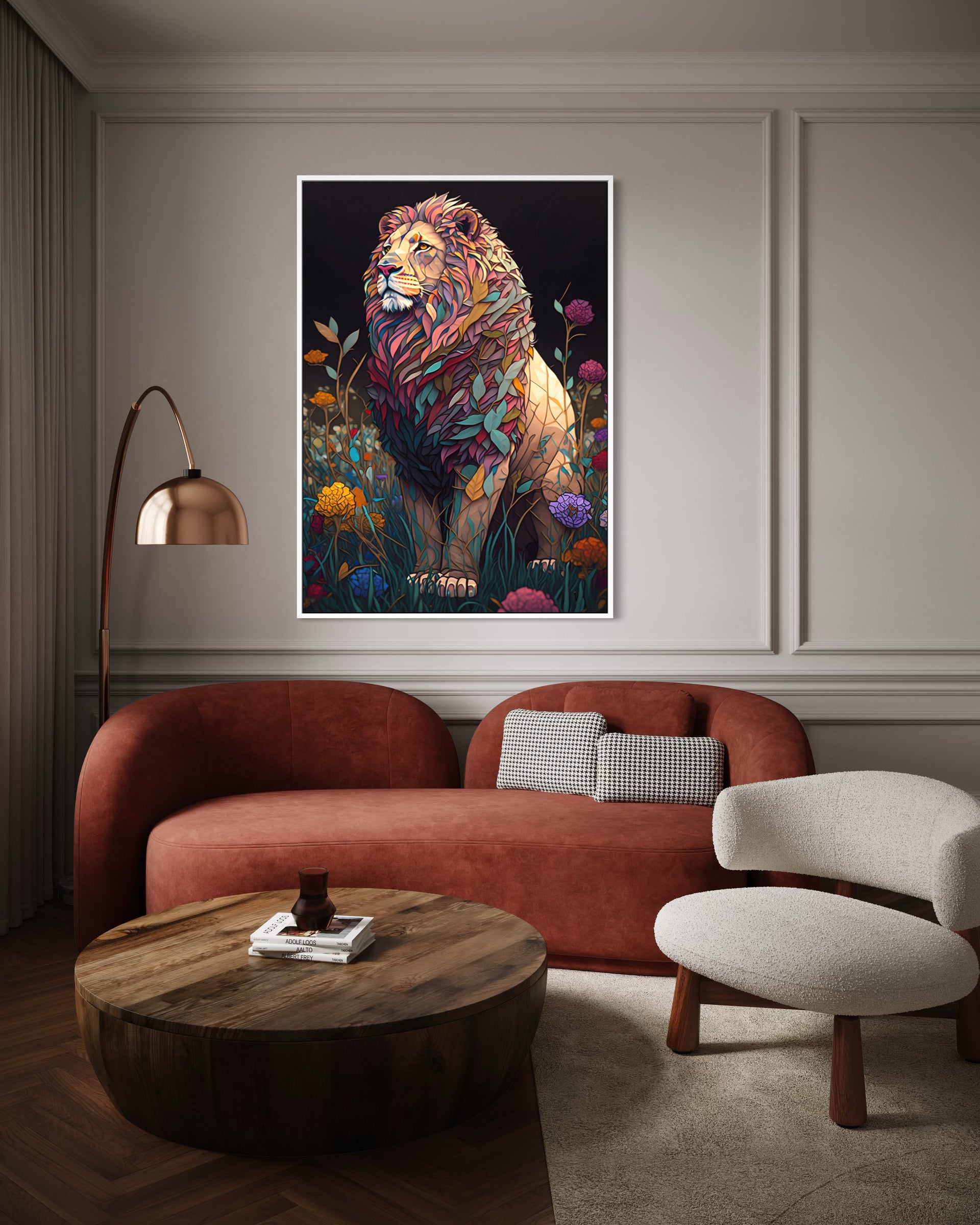 Vedetta: stampa incorniciata con leone multicolore, decorata con fiori e foglie