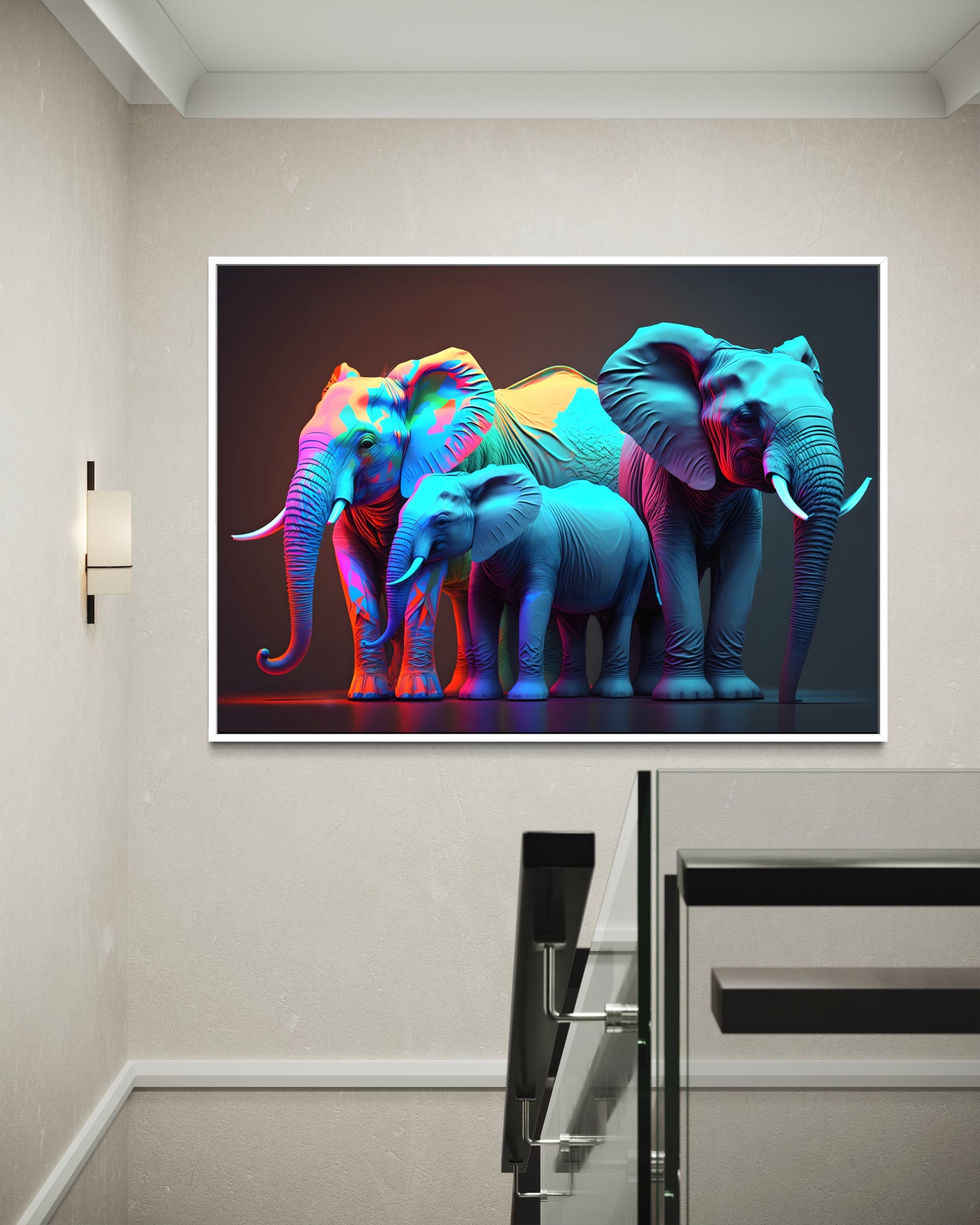 Elefanti Neon con cornice nera, elefanti blu in stile neon