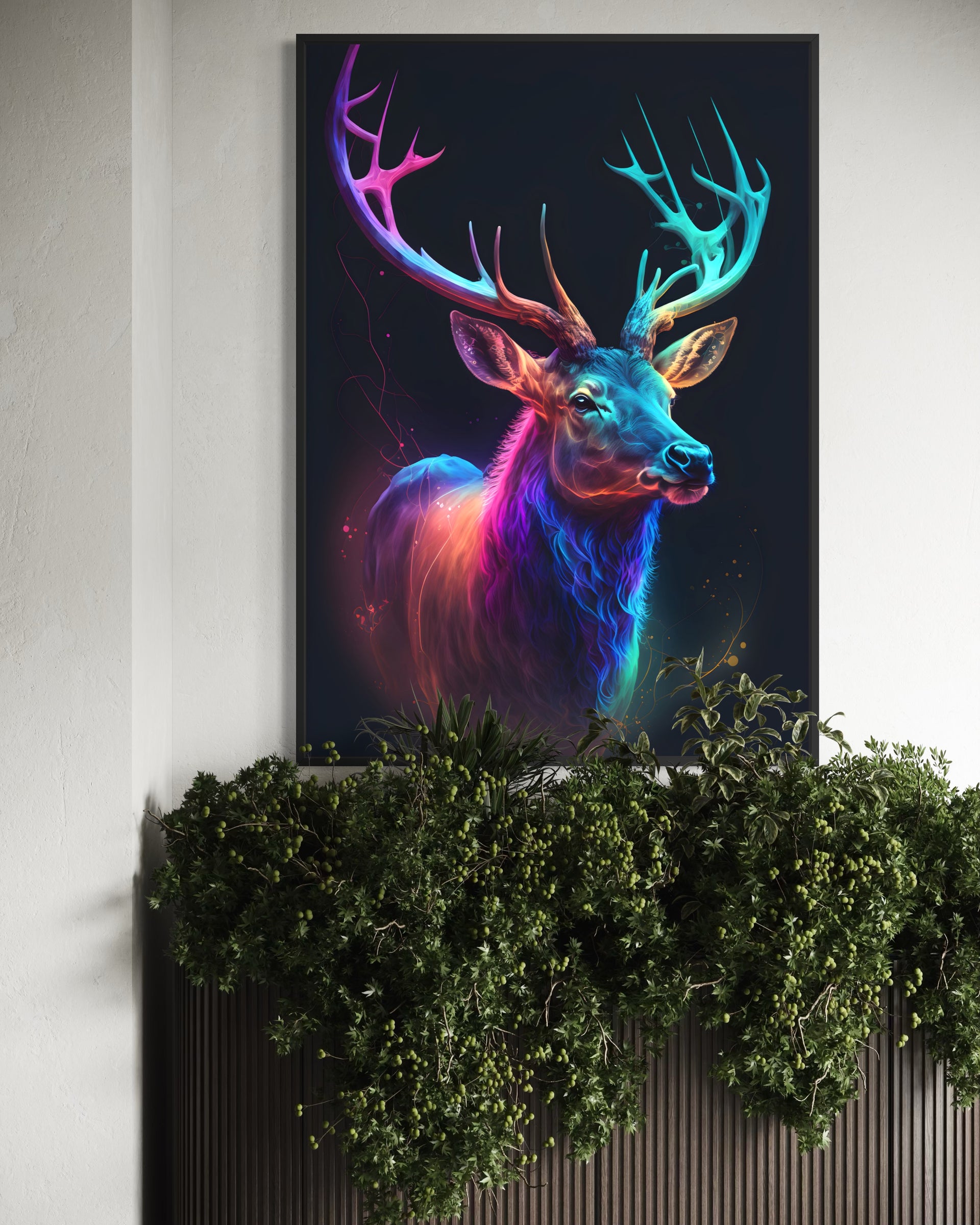 Cervo Neon con telaio nero, cervo stilizzato con corna luminose multicolori