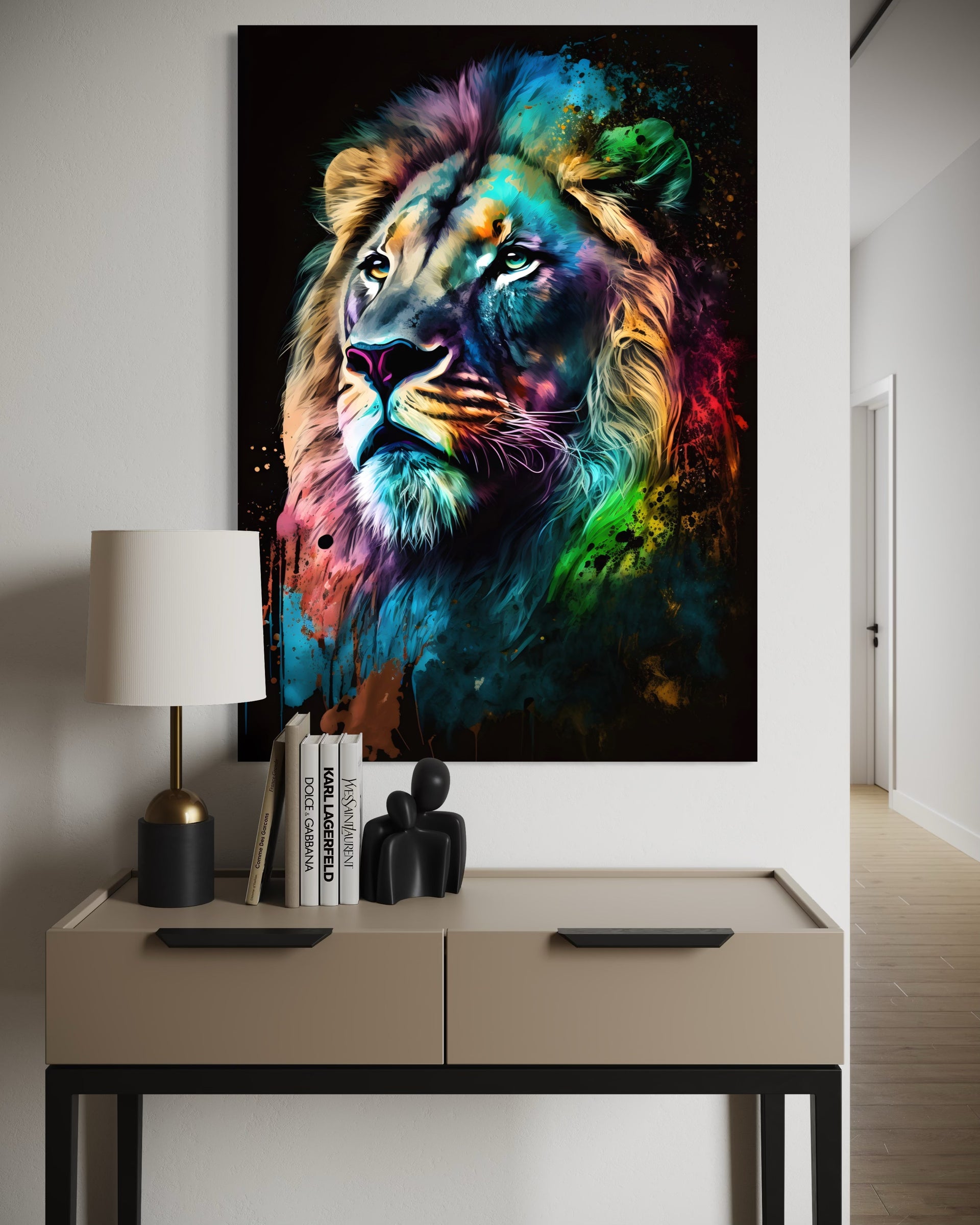 Leone Prismatico con cornice scura, volto di leone colorato astratto