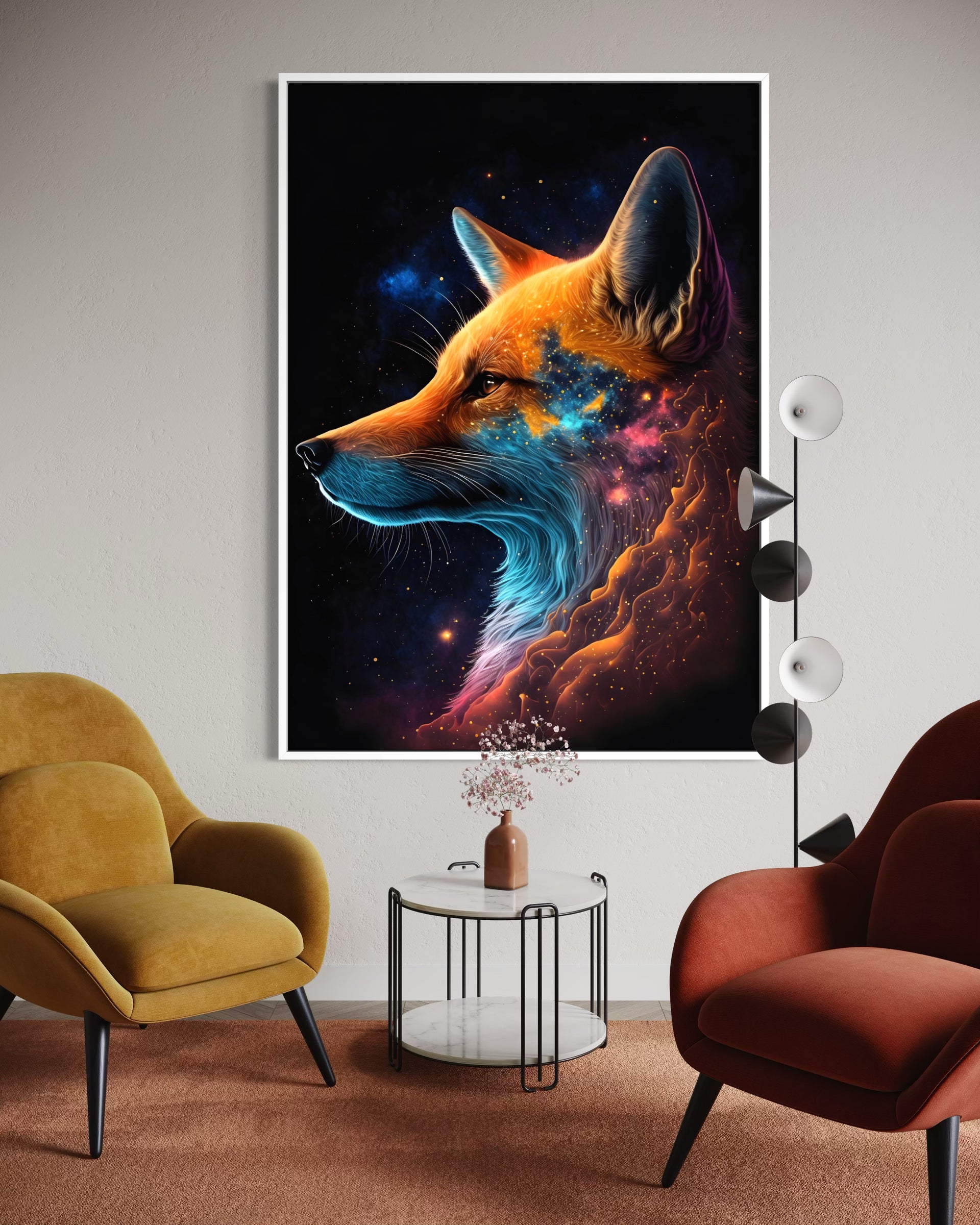Volpe Cosmica con cornice nera: volpe stilizzata con spazio e stelle colorate