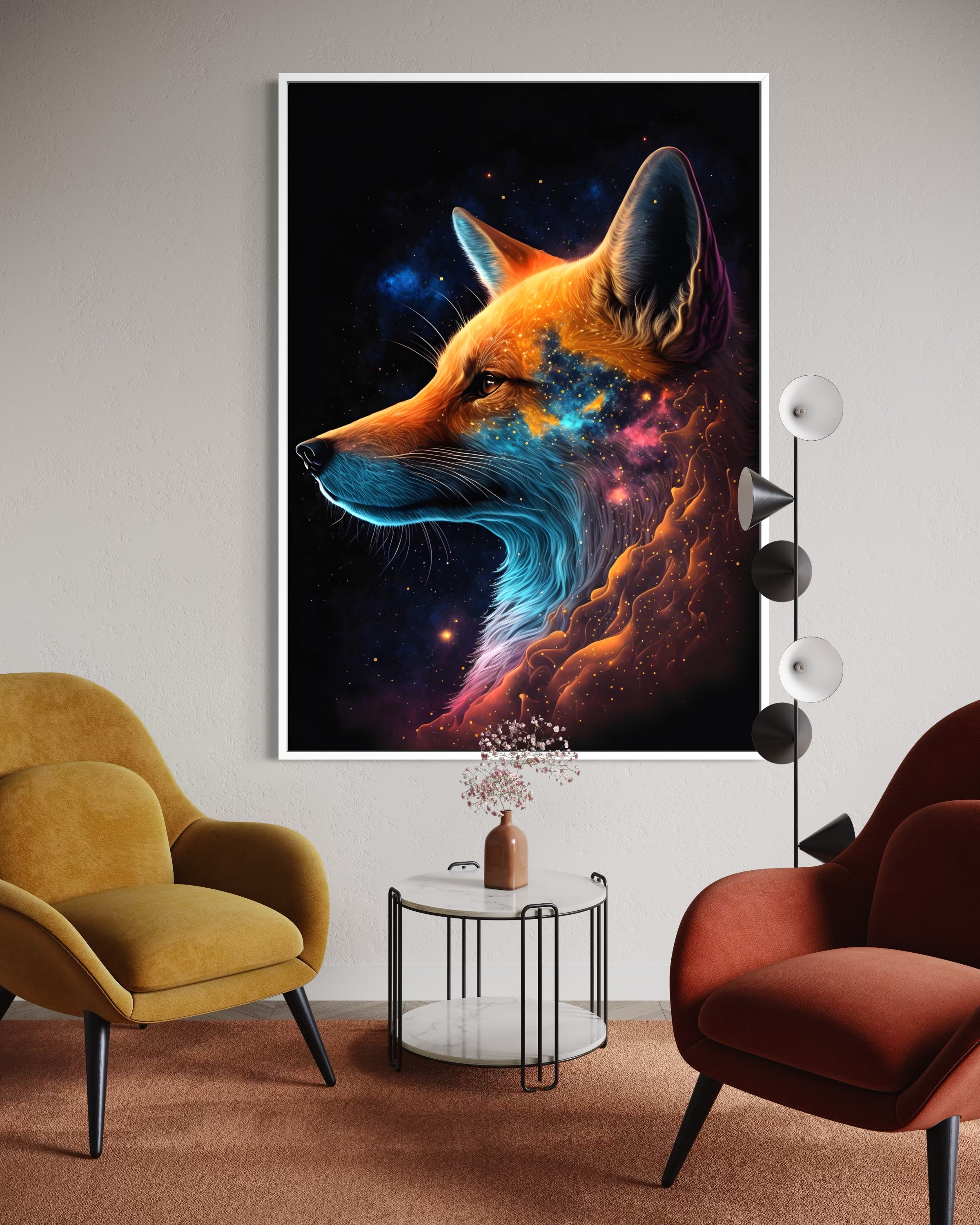Volpe Cosmica con cornice nera: volpe stilizzata con spazio e stelle colorate
