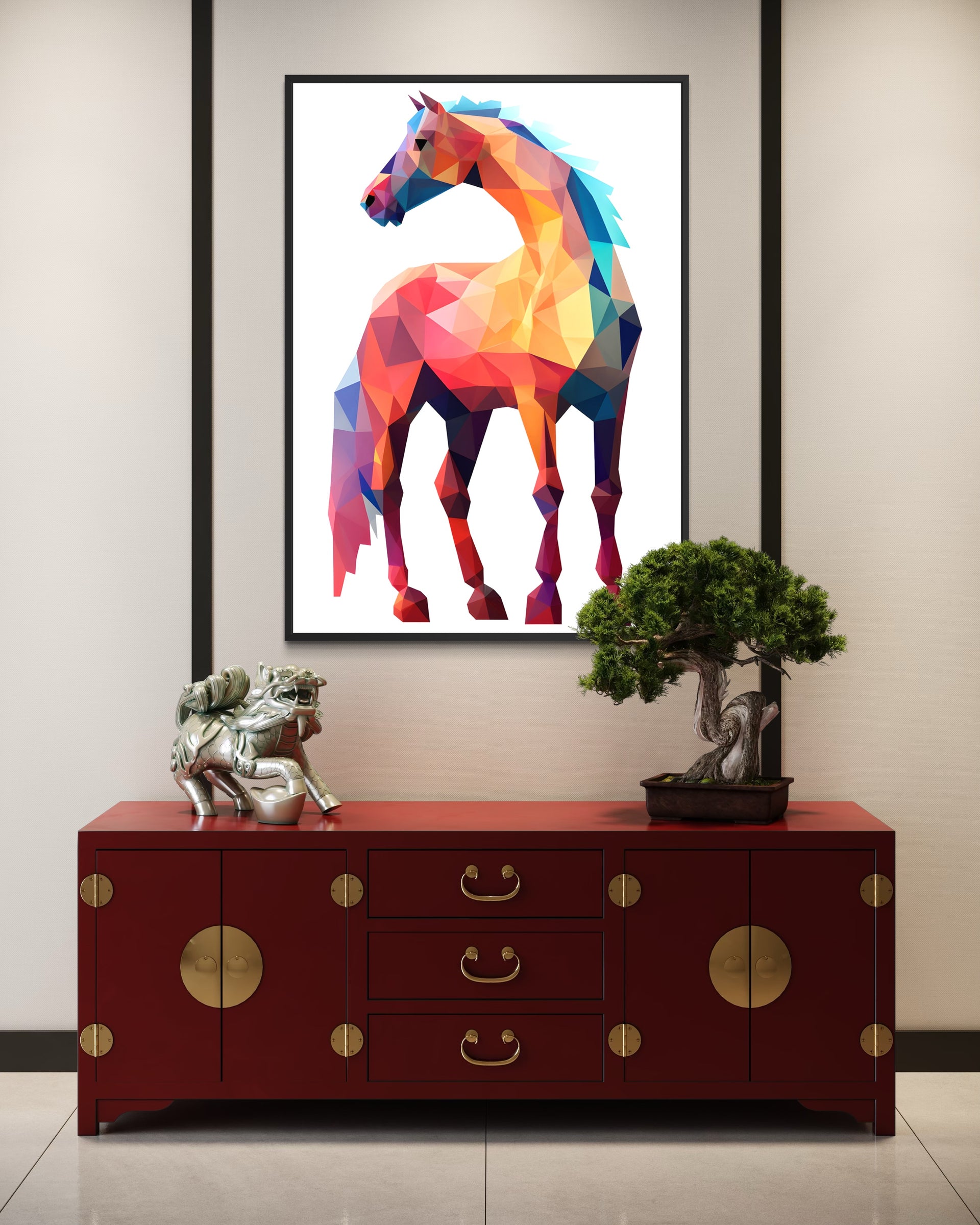 Cavallo prismatico con cornice nera, illustrazione geometrica multicolore