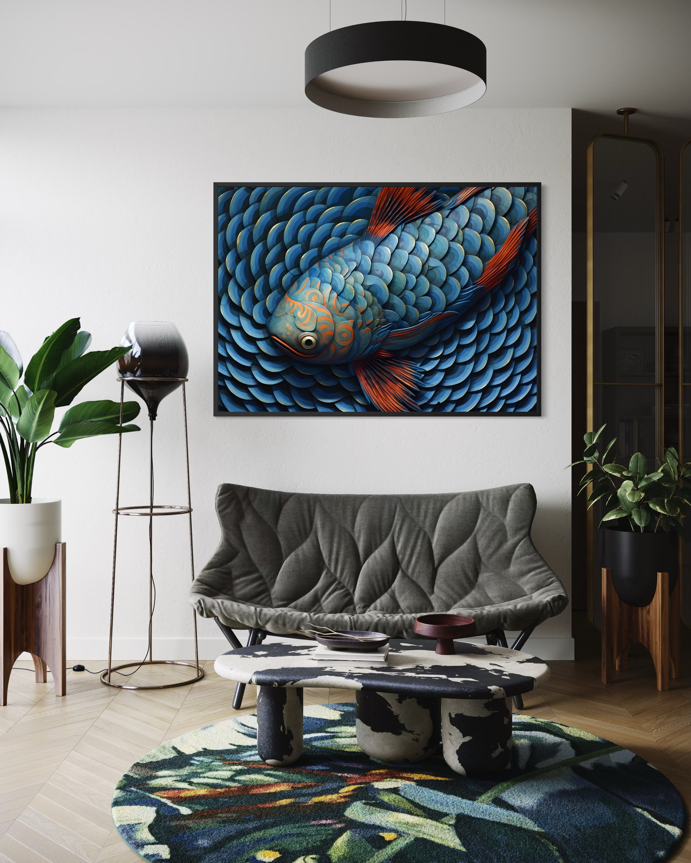 Abisso Geometrico, telaio nero: opera rettangolare con pesce geometrico blu