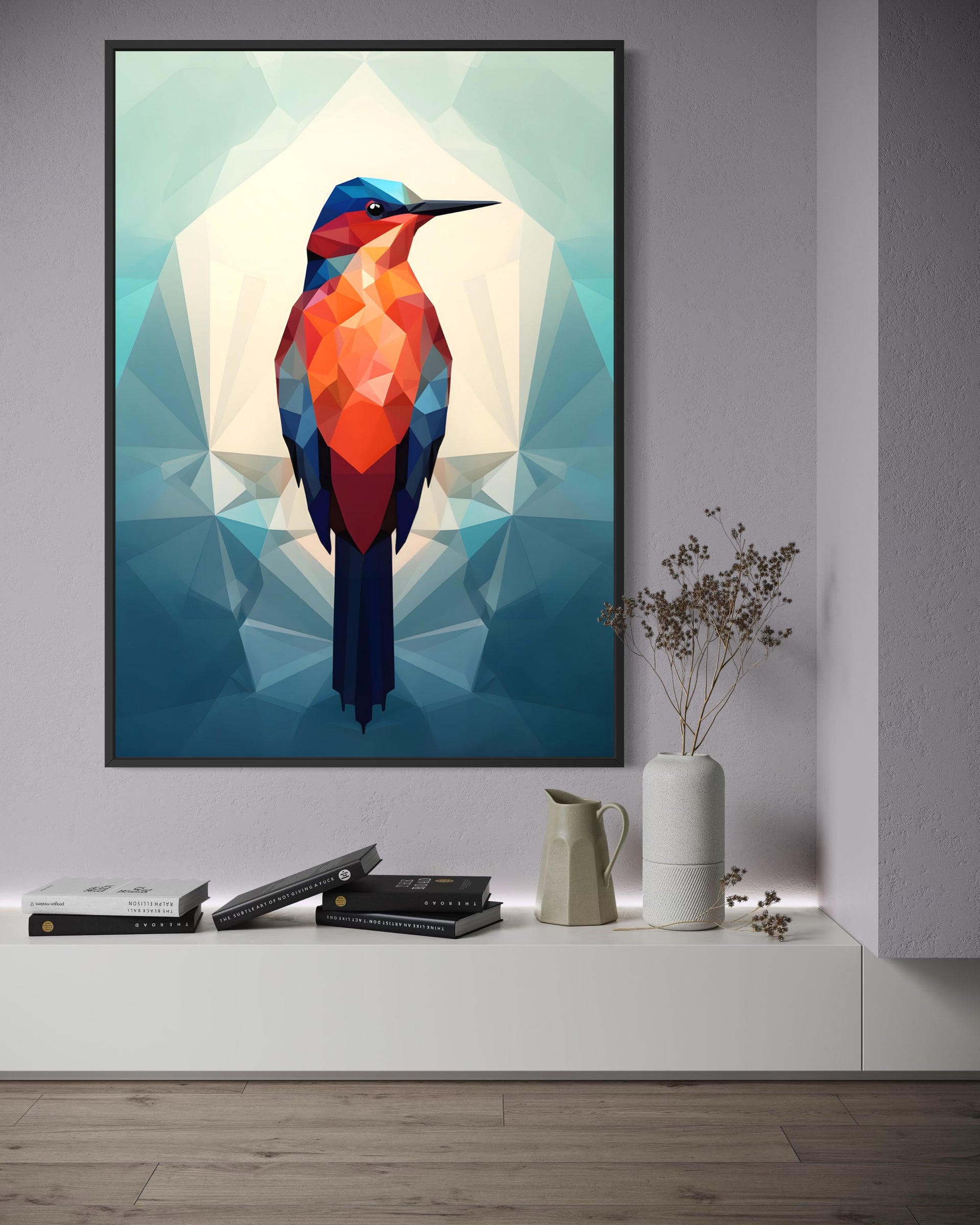 Prisma Alato con cornice nera, uccello geometrico policromo su sfondo azzurro