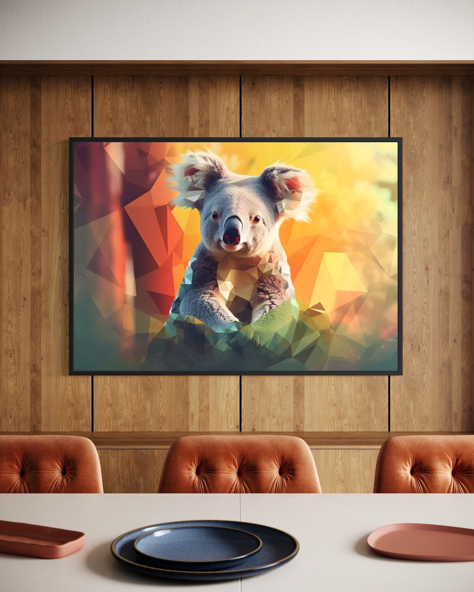 Quadro Koala prismatico al tramonto con cornice nera e koala stilizzato geometrico