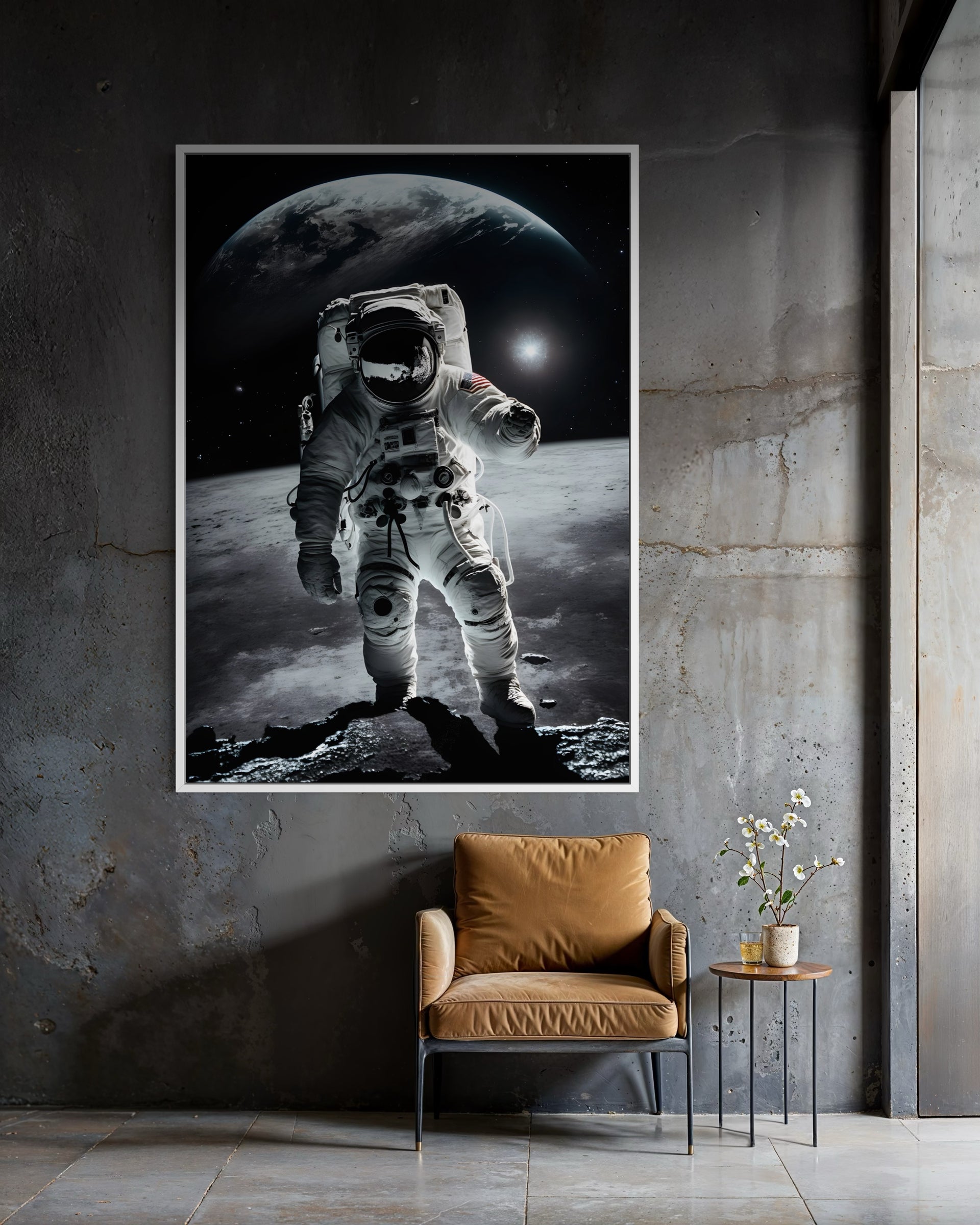 Astronauta Solitario con cornice bianca: astronauta in tuta su superficie lunare