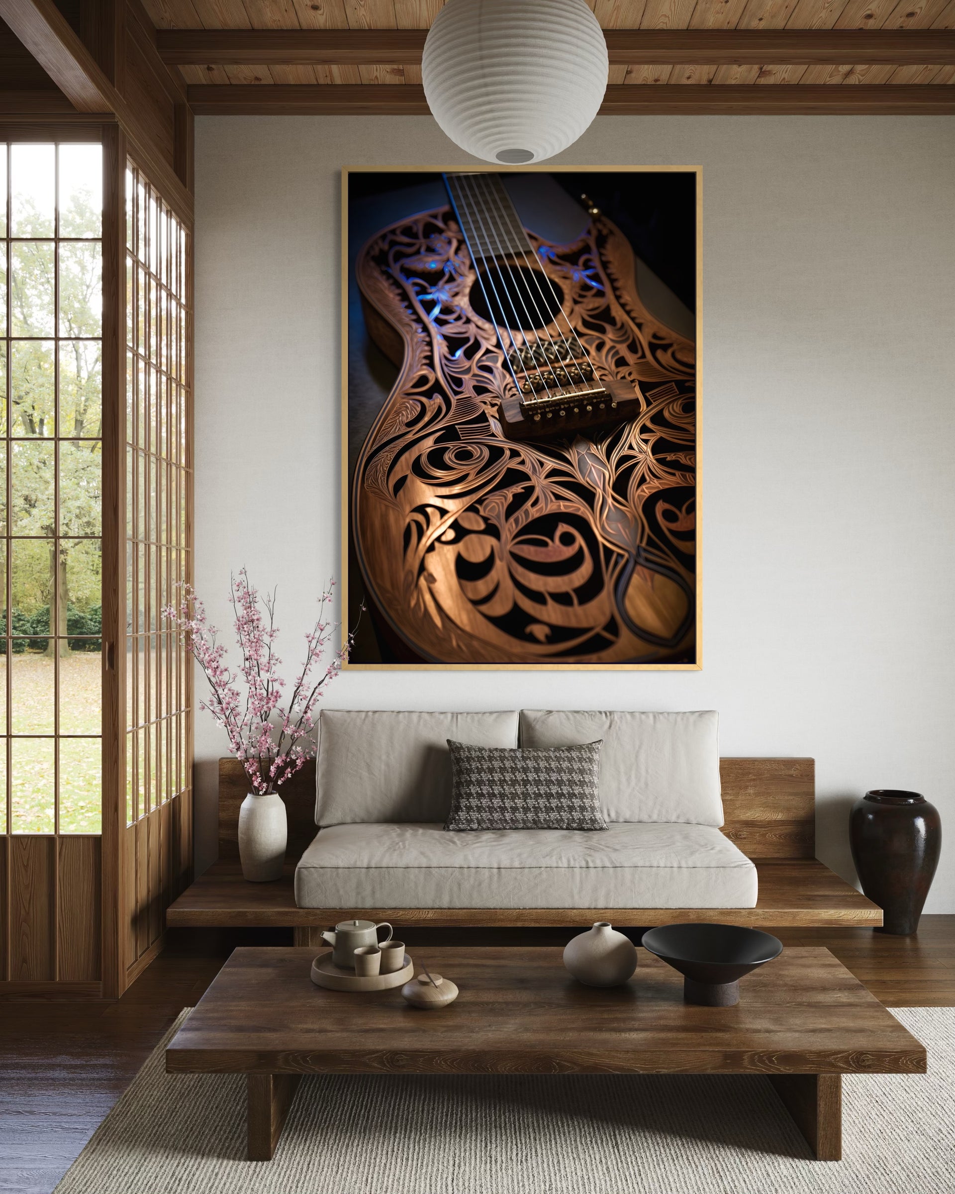 Chitarra intagliata in cornice oro, disegno decorativo con tastiera e corpo stilizzati