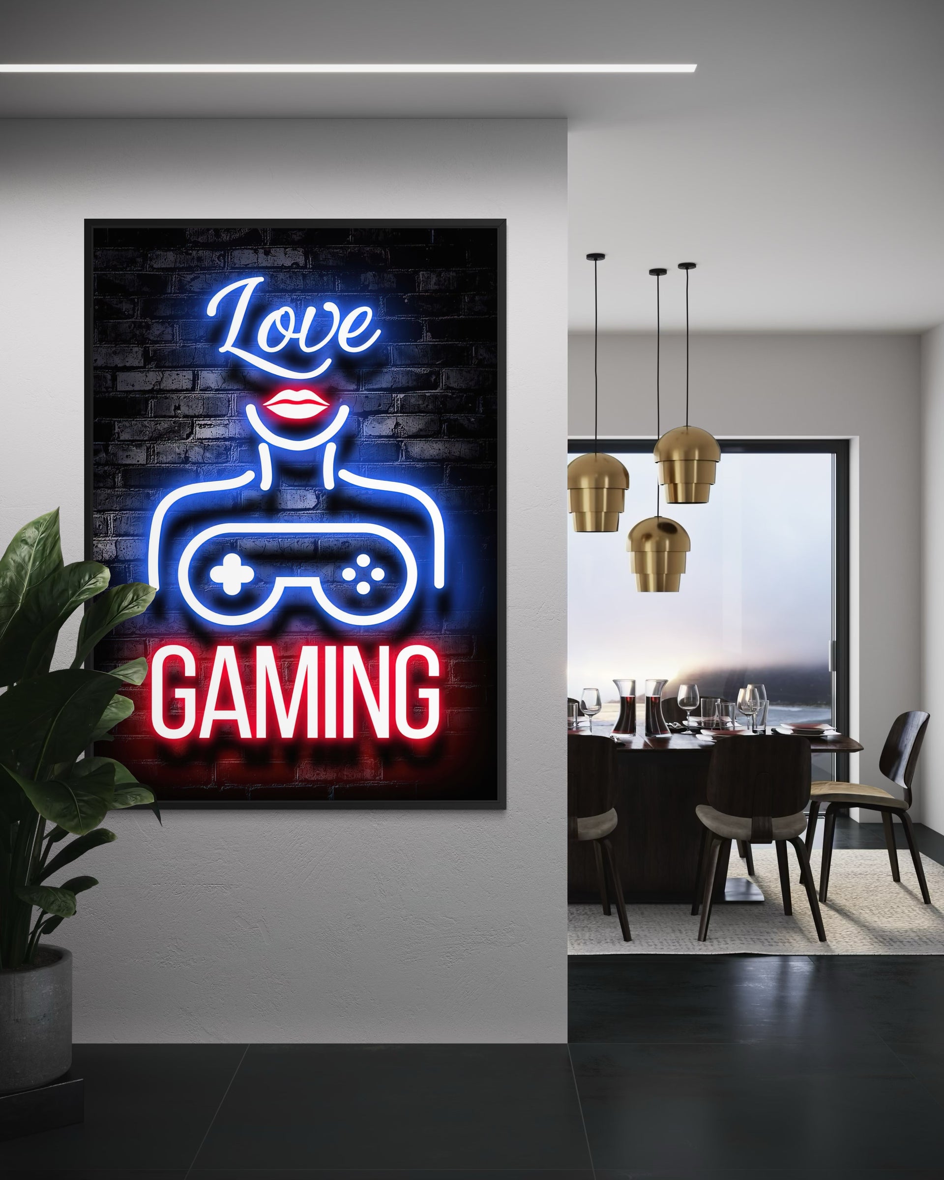 Neon Love Gaming con scritta Love, controller e GAMING, cornice nera