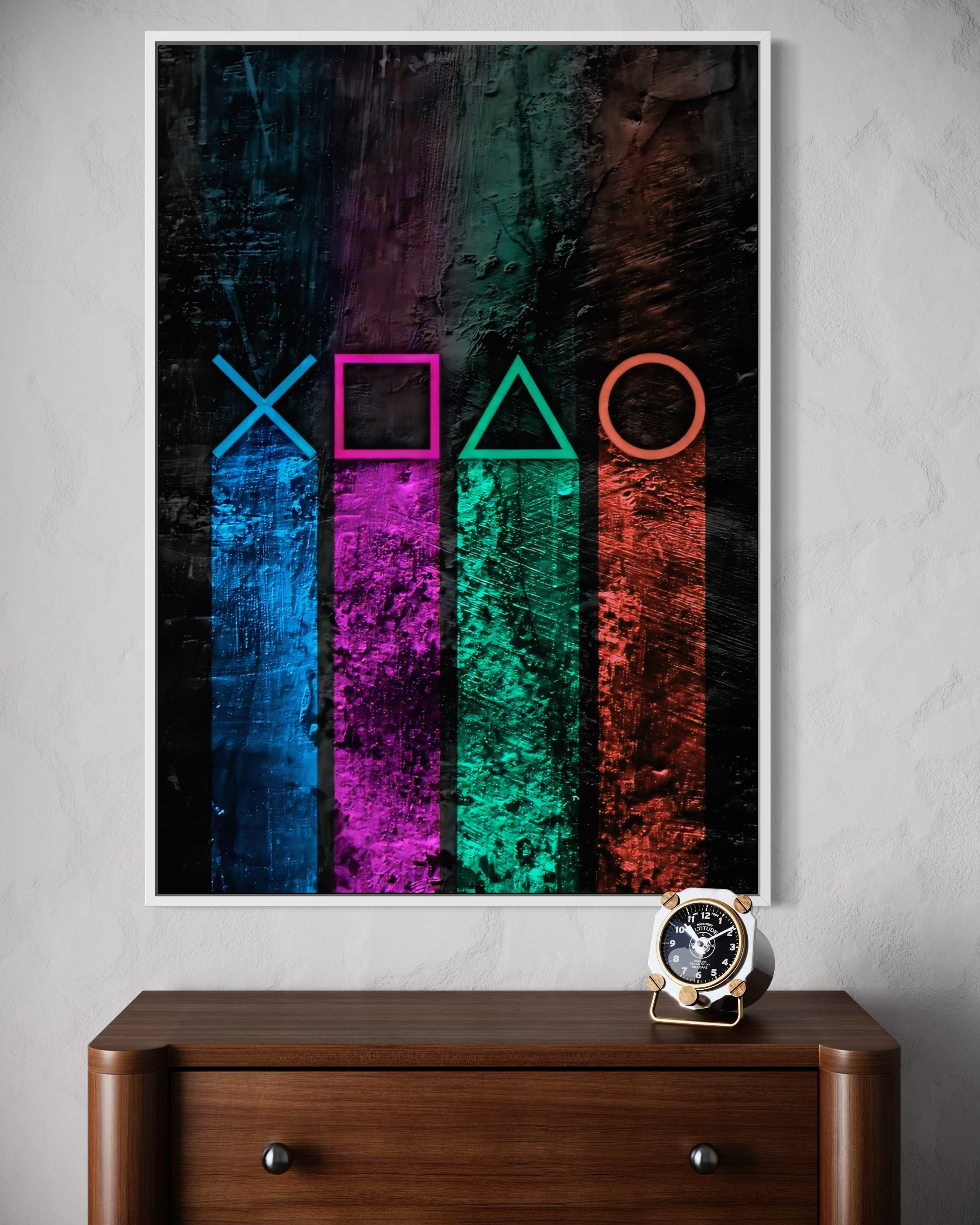 Neon Gaming Grunge con cornice nera, forme neon X, quadrato, triangolo e cerchio