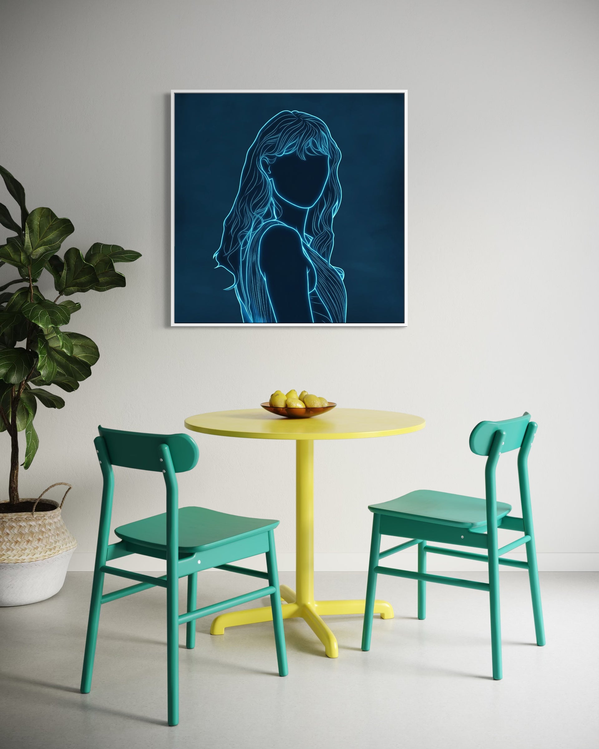 L’Anima Musicale, quadro donna in neon azzurro con cornice bianca