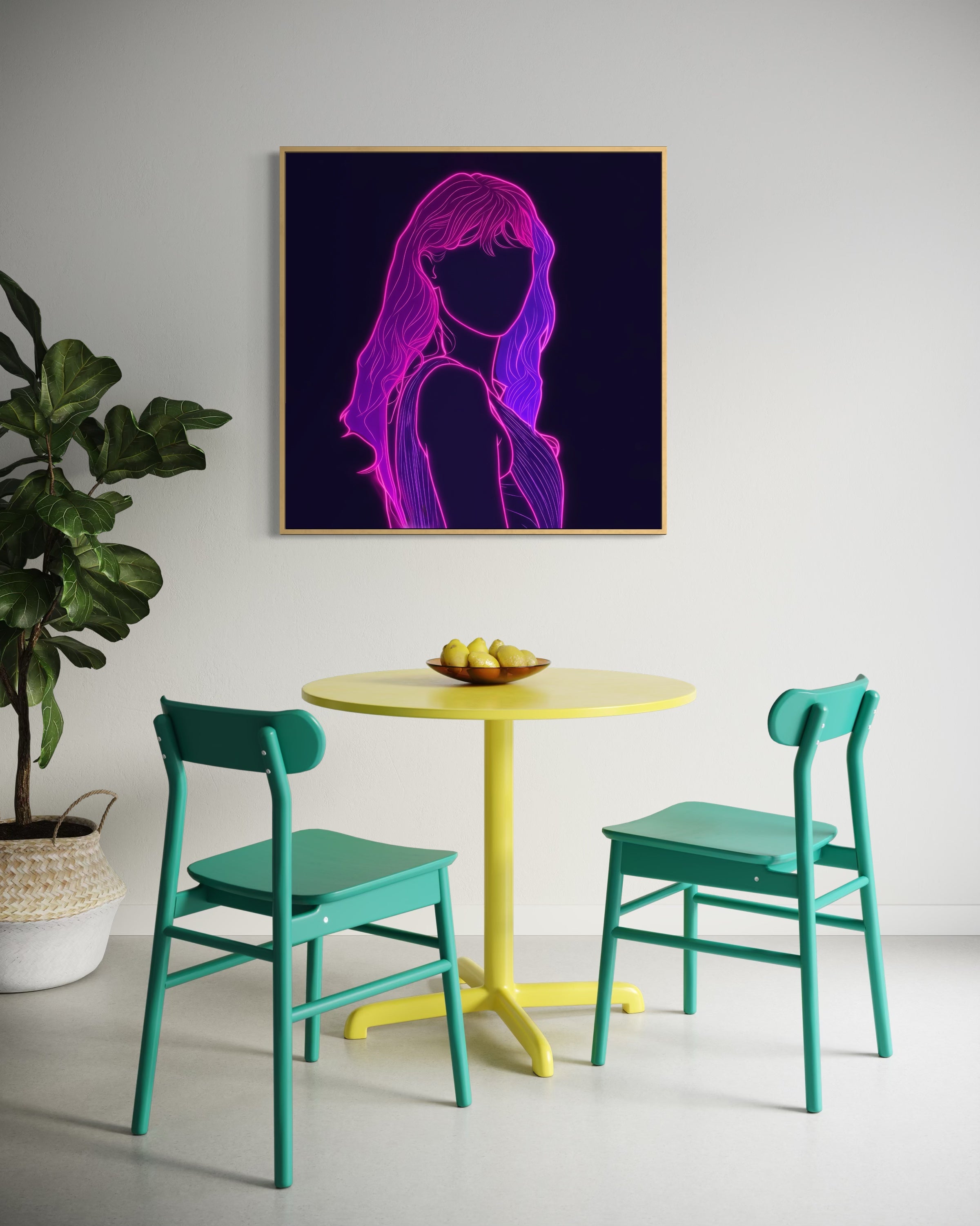 L’Anima Musicale, quadro donna in neon viola con cornice chiara