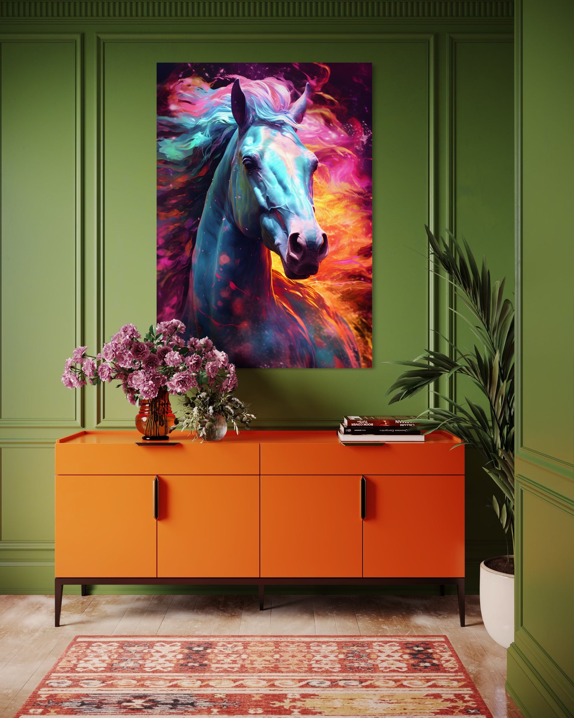 Equus Nebula, quadro verticale con cavallo luminoso nello spazio, colori viola e turchese