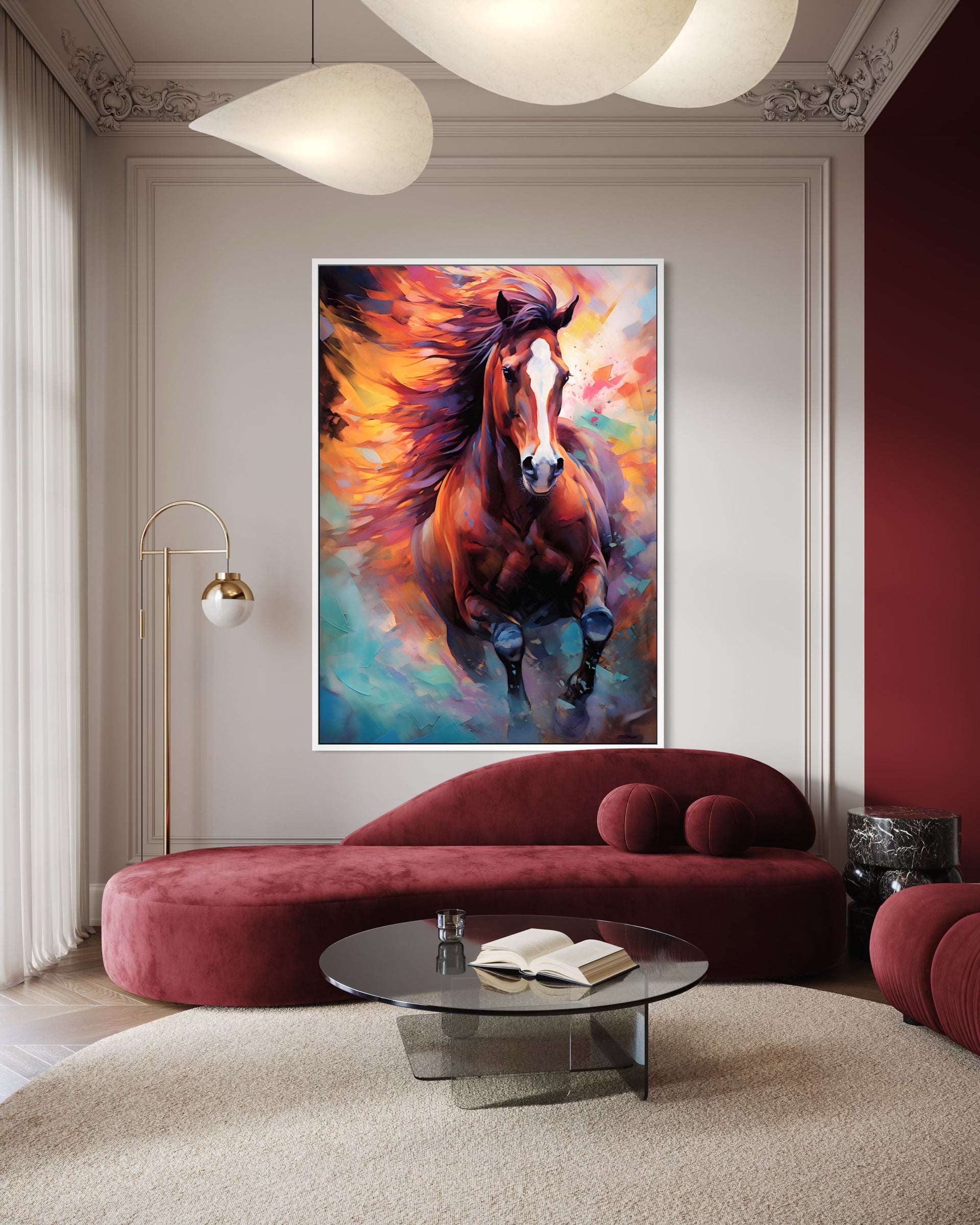Vento di Fuoco: quadro cavallo alato, sfondo astratto colorato, cornice chiara