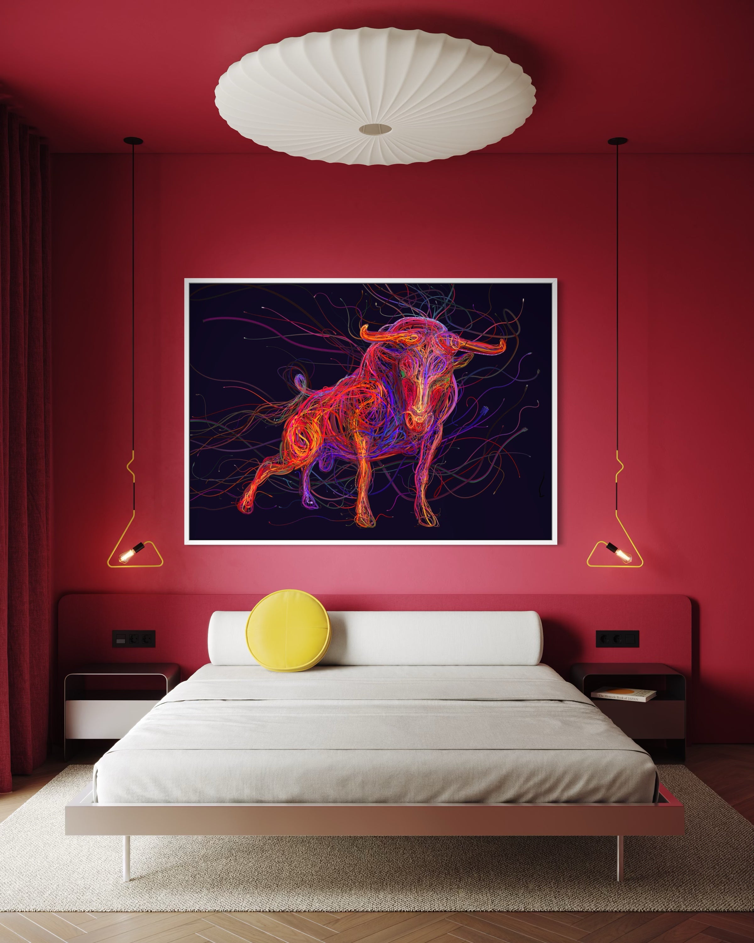 Quadro con toro astratto in linee neon, cornice chiara, motivo CyberBull
