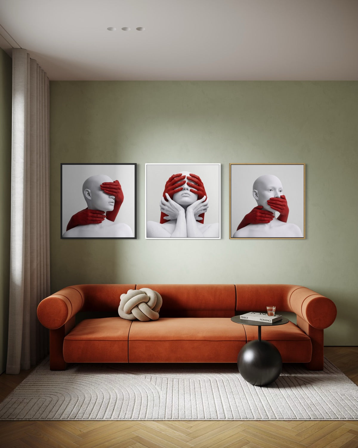 Trittico di stampe incorniciate: mani rosse e volto bianco, set di 3 quadrati