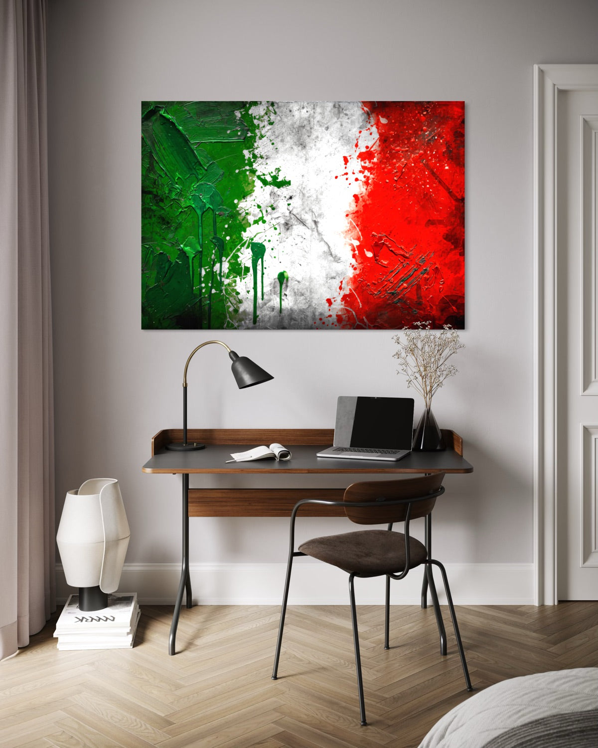 Quadro rettangolare tricolore verde-bianco-rosso con macchie di vernice, senza testo