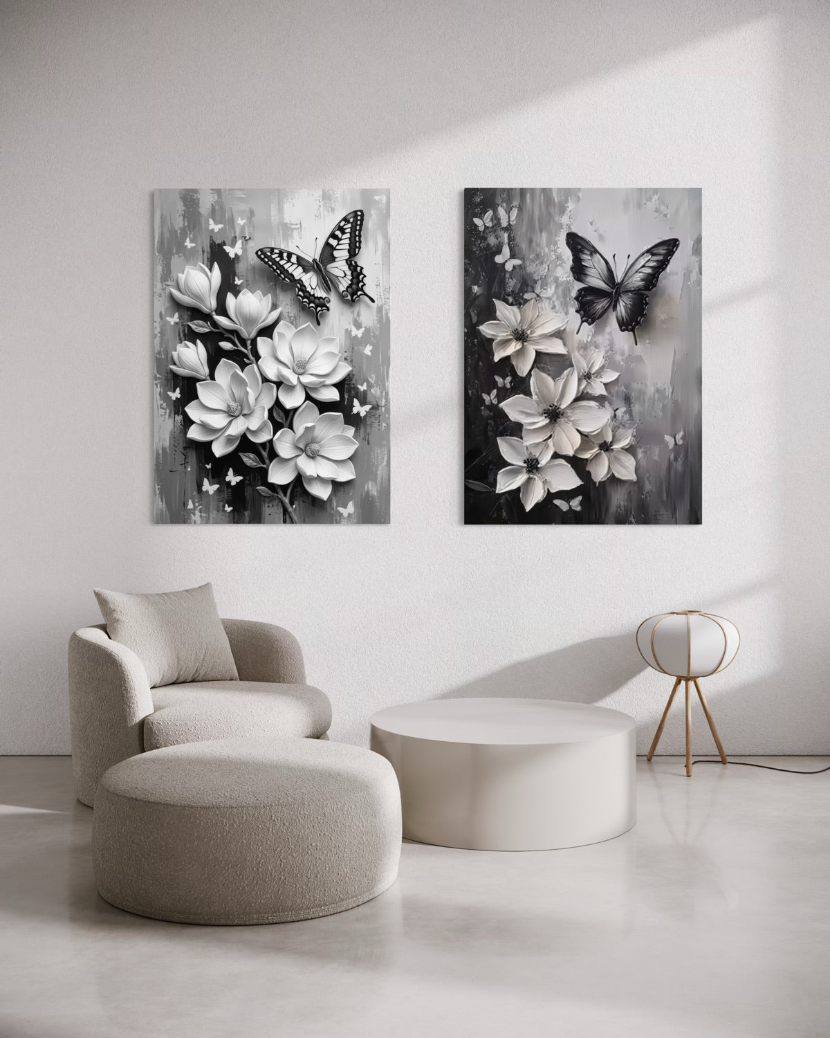 Set di 2 stampe con farfalle e fiori in bianco e nero, rettangolari