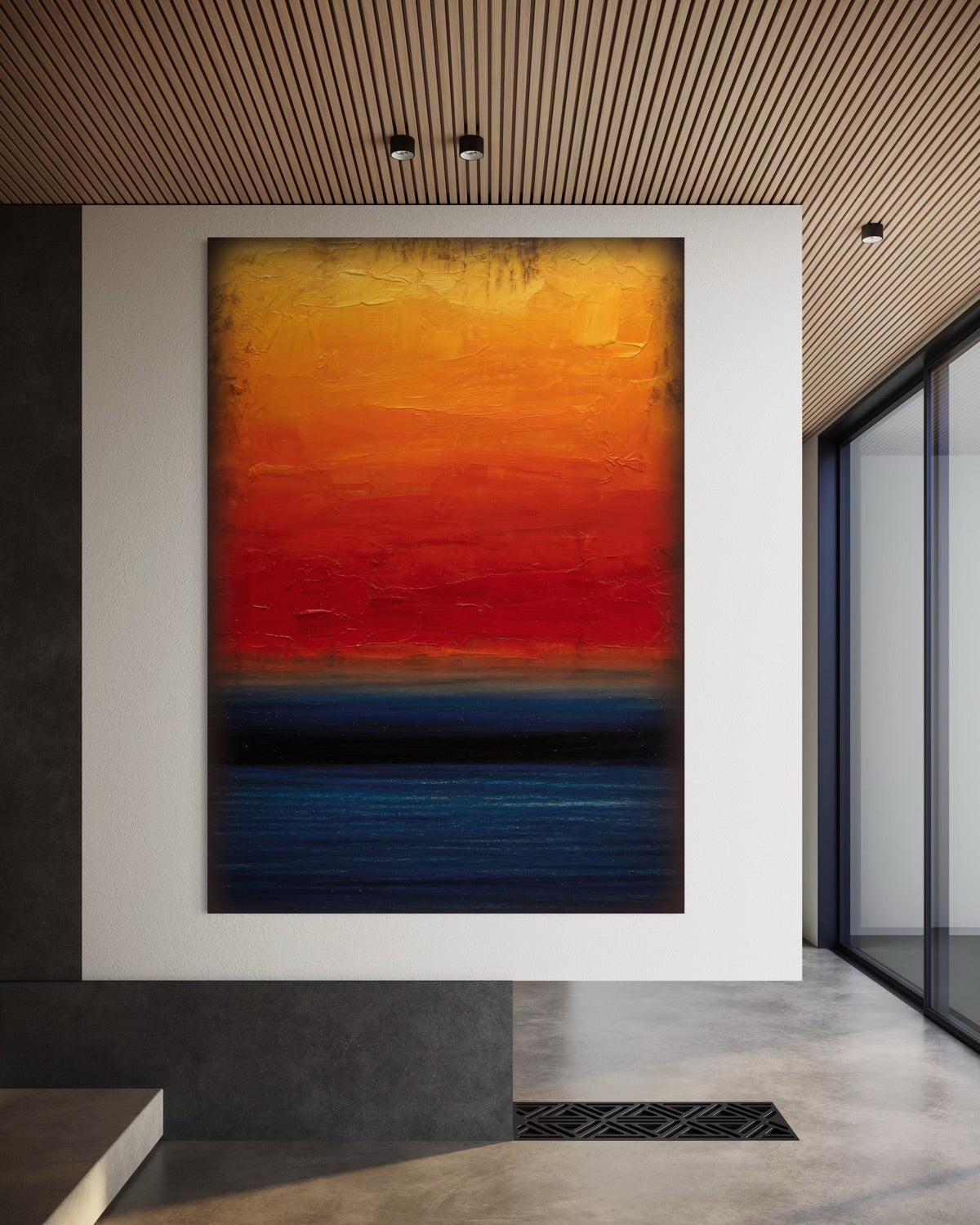 Stampa d’arte astratta incorniciata, rosso-arancio con fascia blu scuro in basso
