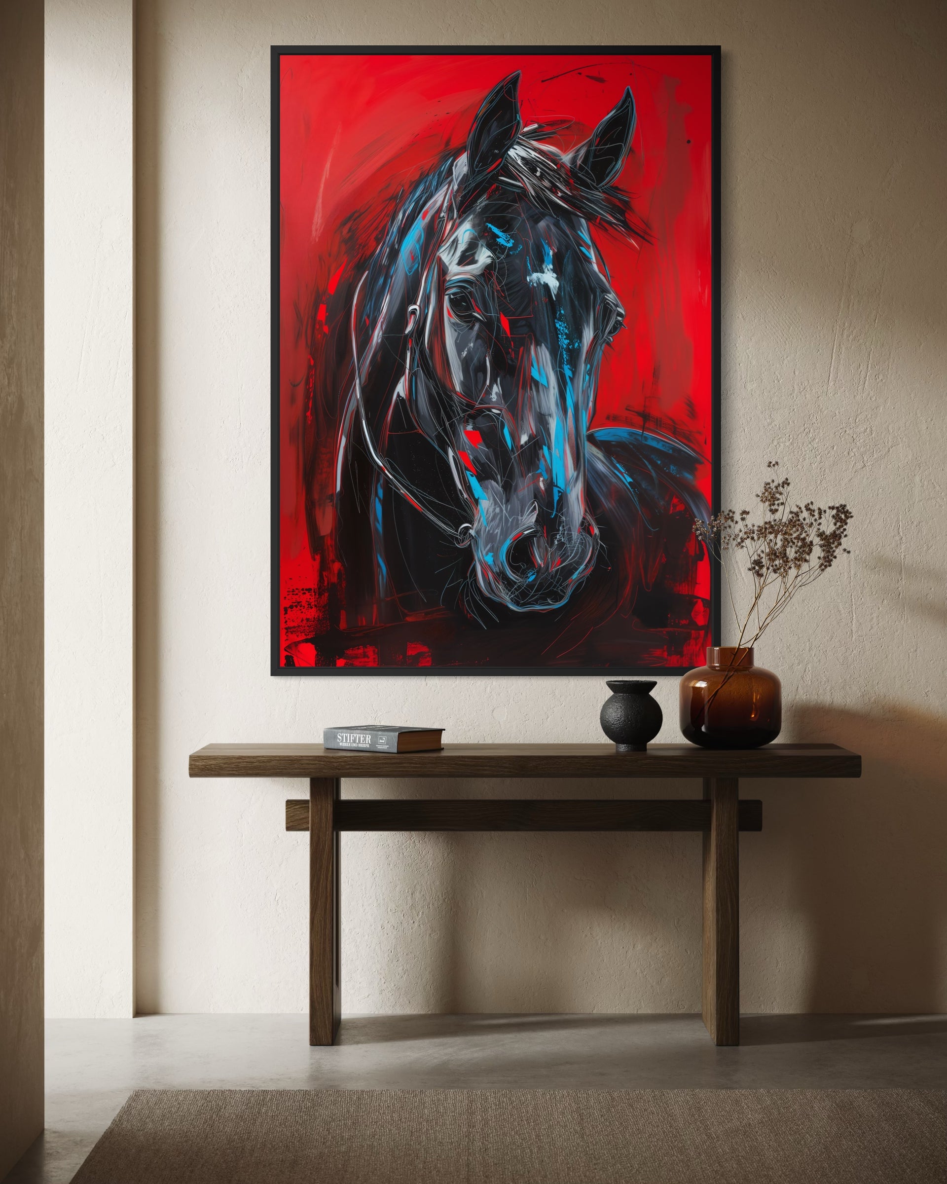 Impeto quadro cavallo astratto con cornice nera