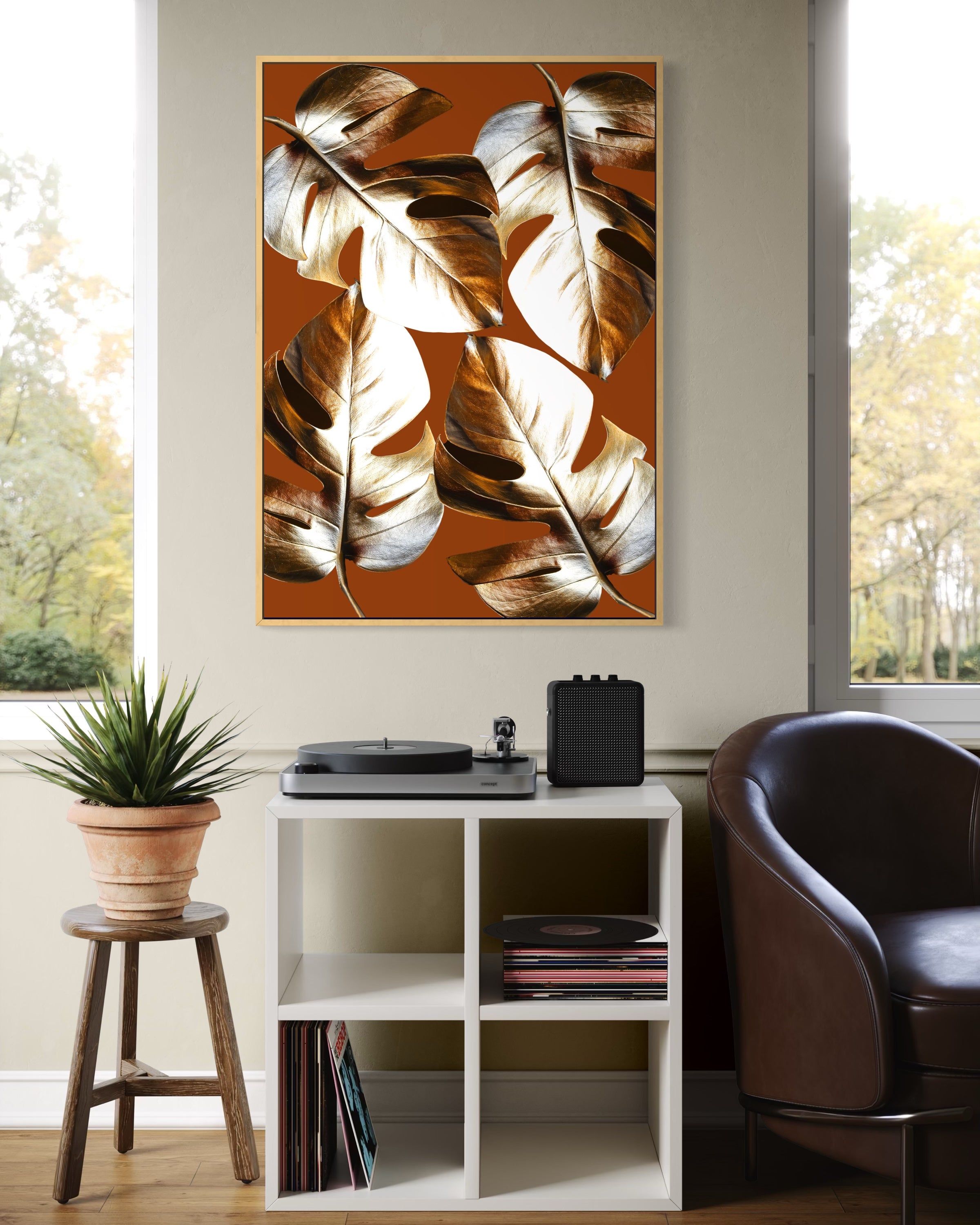Riflessi di Terracotta: quadro astratto con foglie dorate su sfondo terracotta