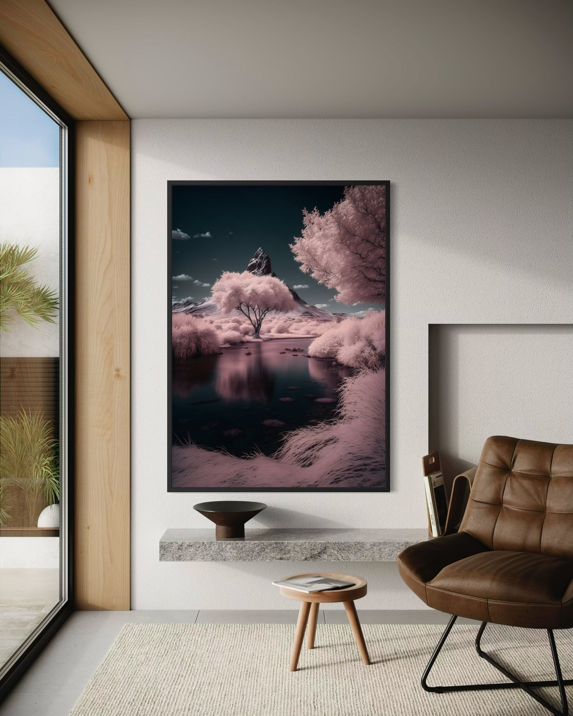 Il Lago Rosa: stampa incorniciata con alberi rosa e riflesso sul lago, notte