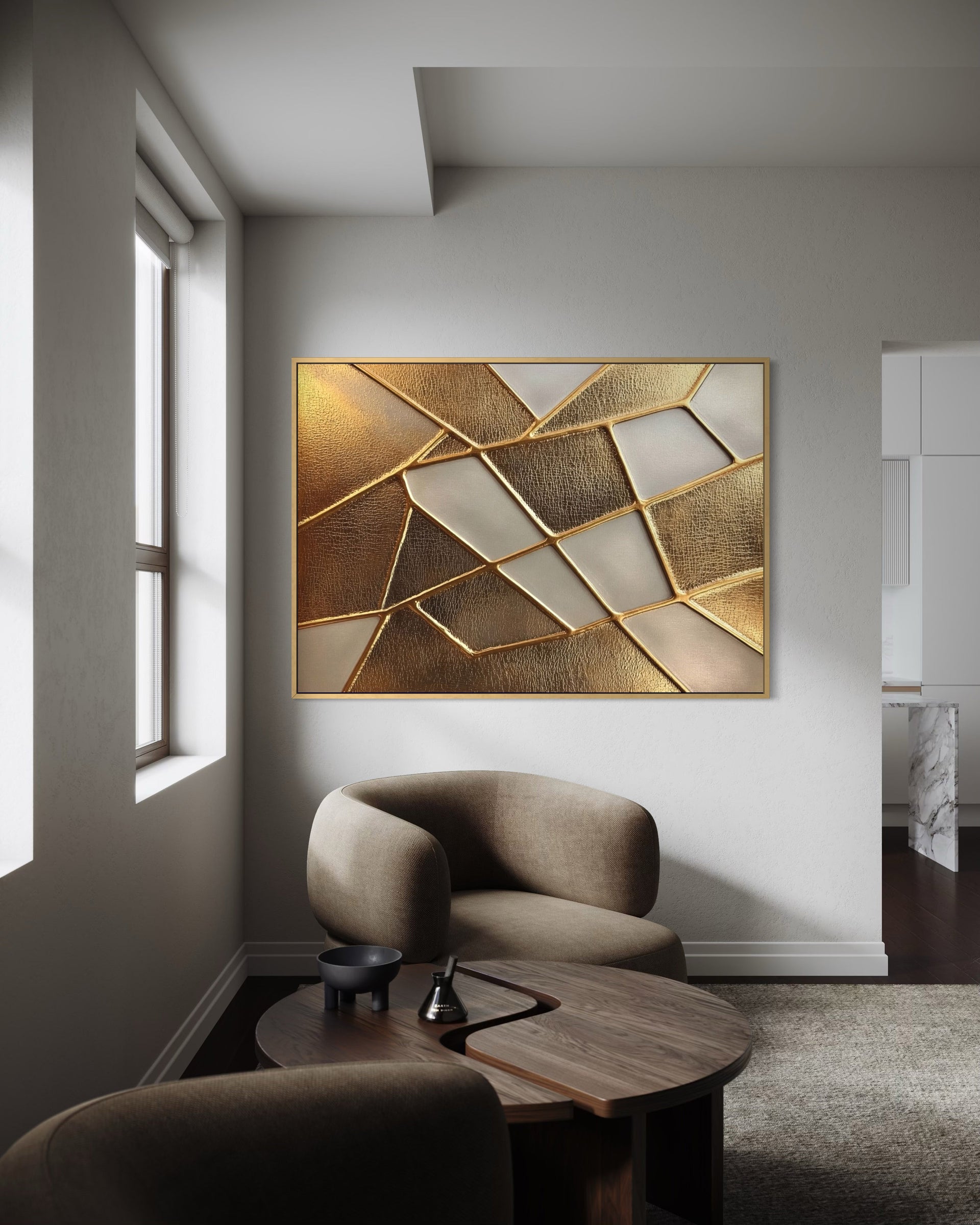 Opus Lux con cornice dorata e geometrie astratte oro e bianco su tela rettangolare