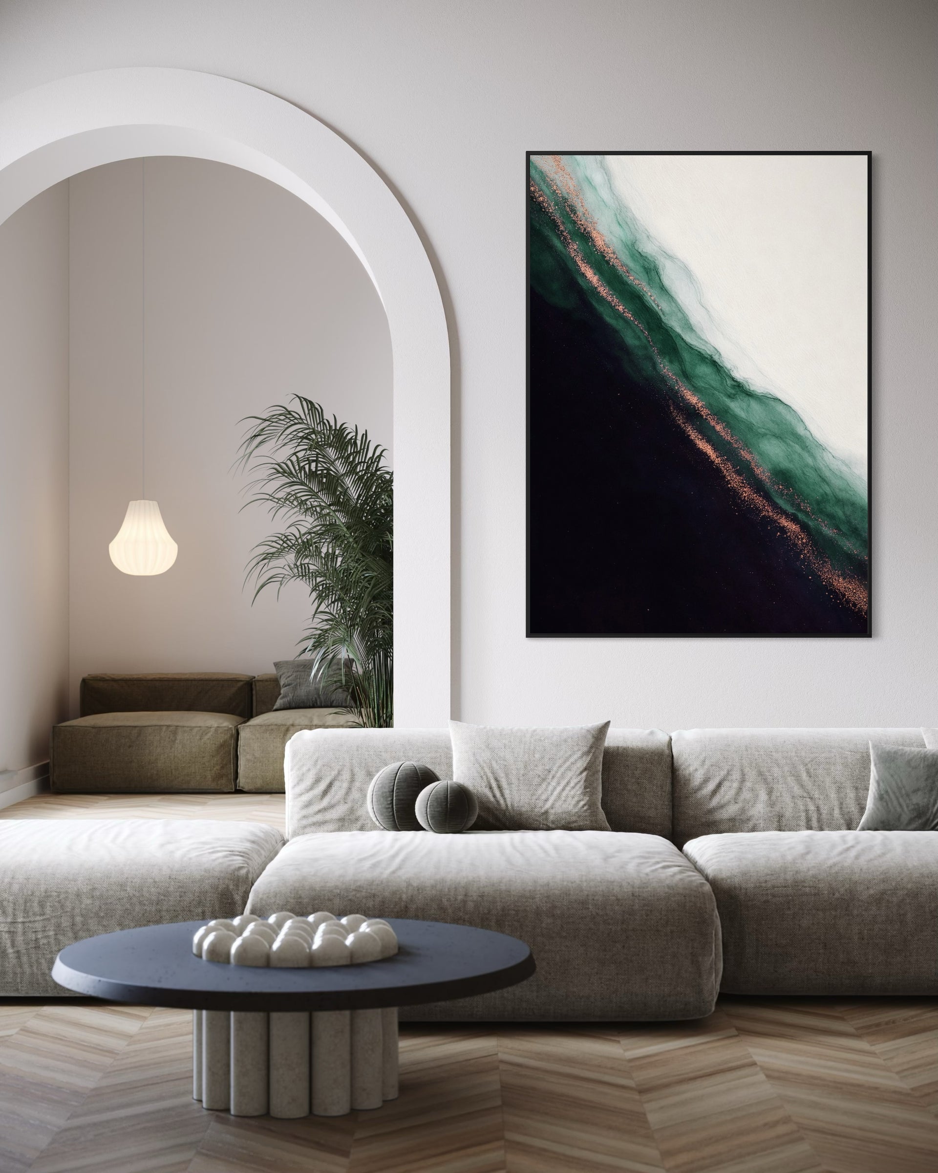 Quadro astratto Crimson Nebula con cornice nera e pennellate verdi e rosate