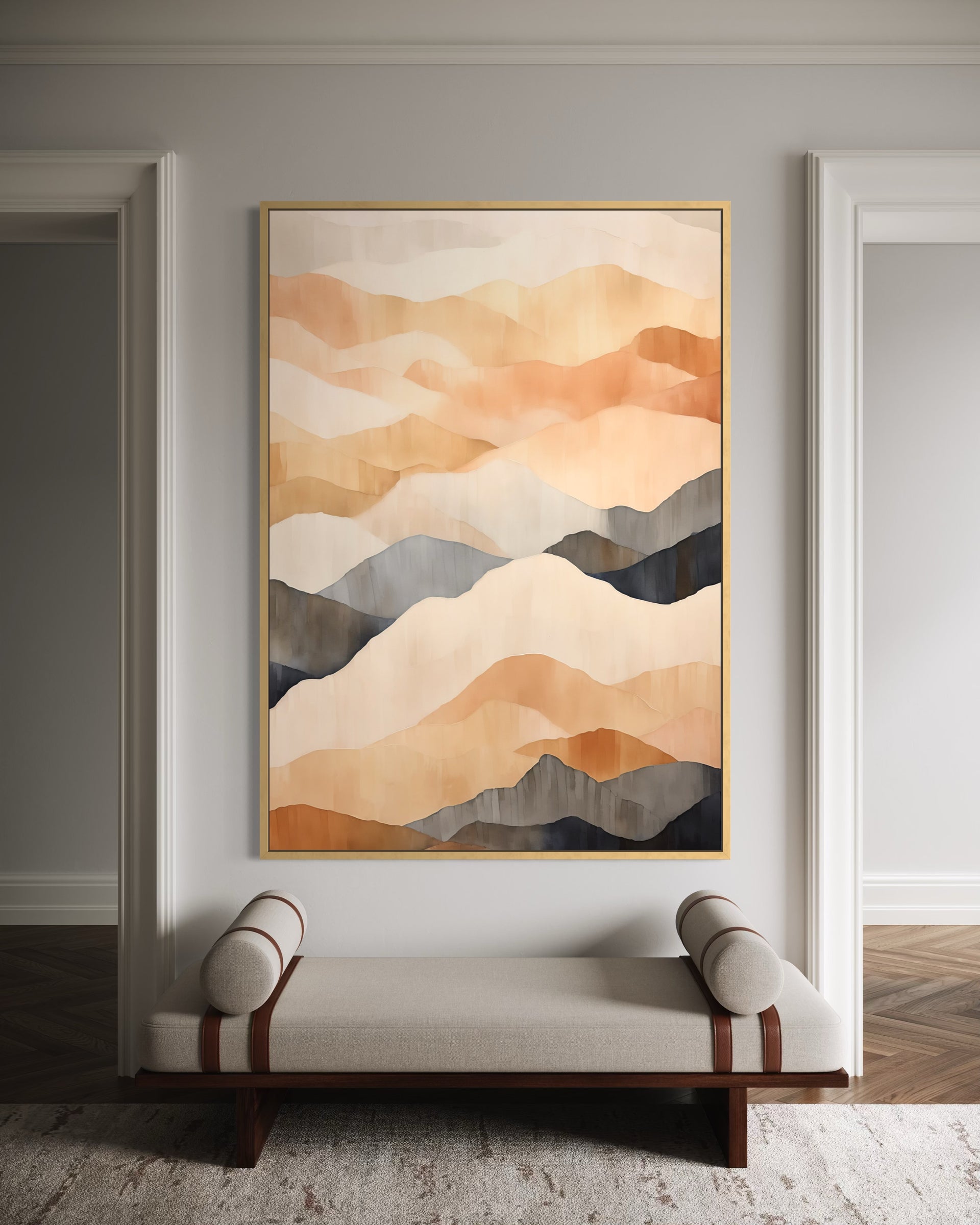 Sussurri di Dune al Crepuscolo: stampa astratta con dune beige e blu scuro, cornice sottile