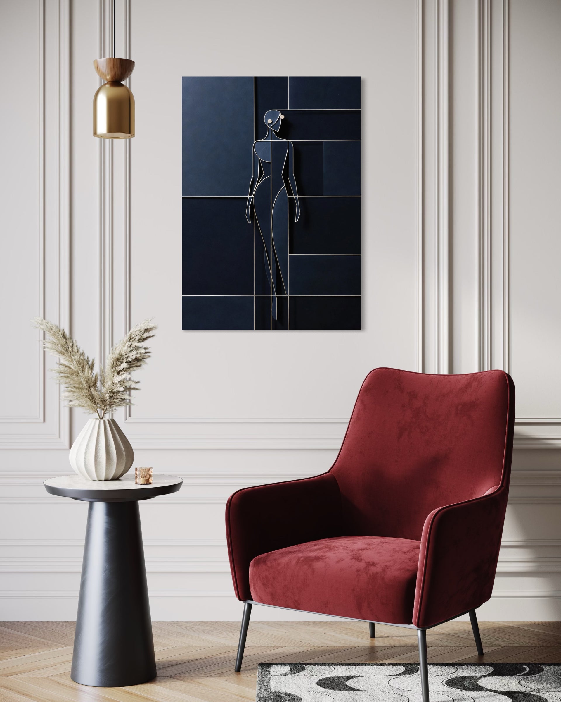 L'Essenza del Blu, quadro astratto con cornice nera e figura lineare blu