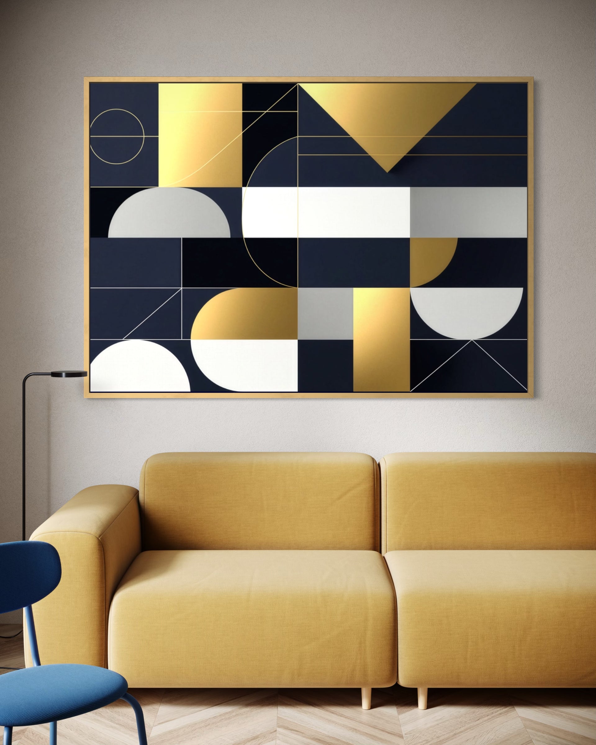 Frammenti d'Oro e Cobalto: quadro astratto geometrico con cornice, oro e blu