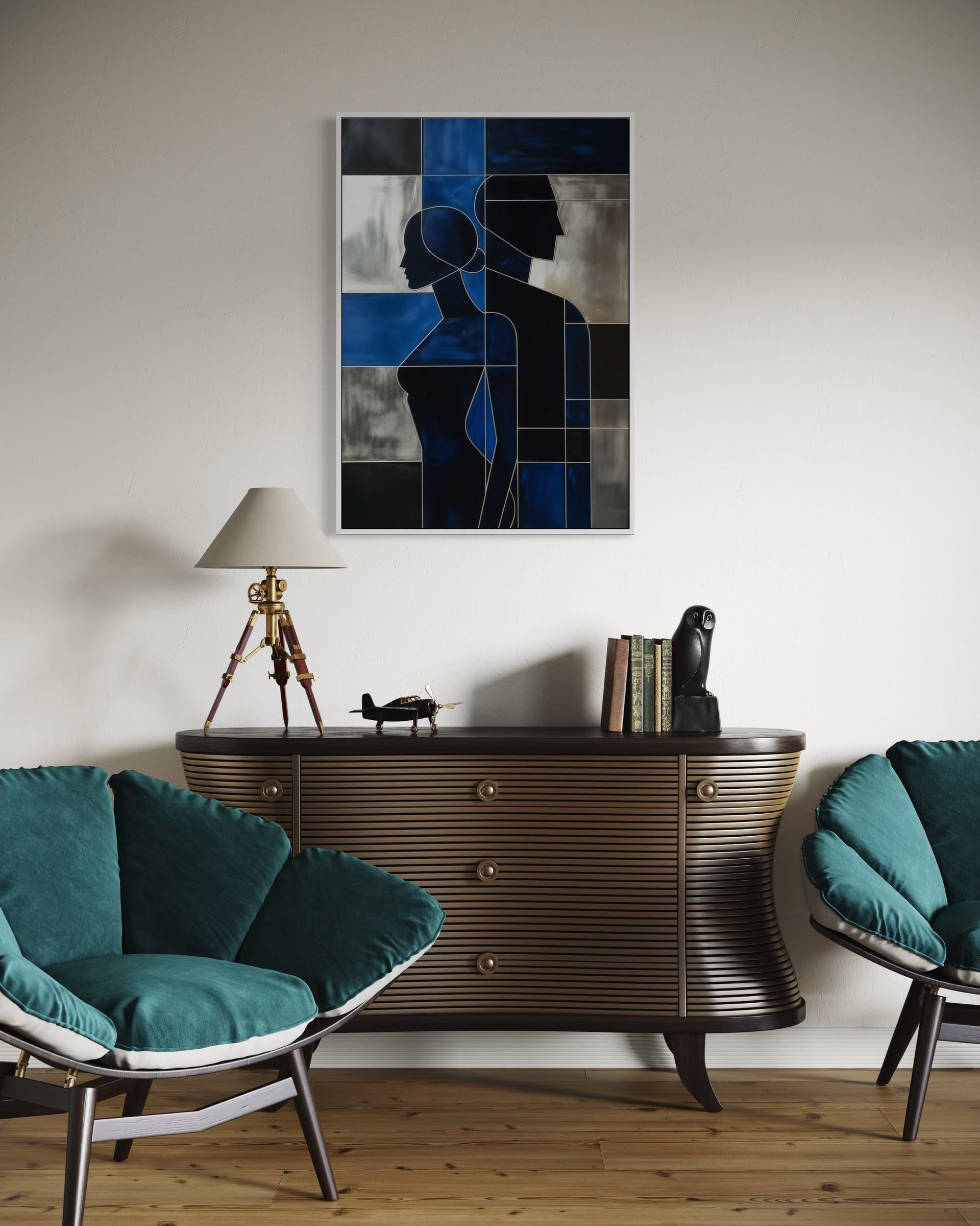 Stampa astratta incorniciata, figure blu e nere su pannelli bianchi, cornice scura