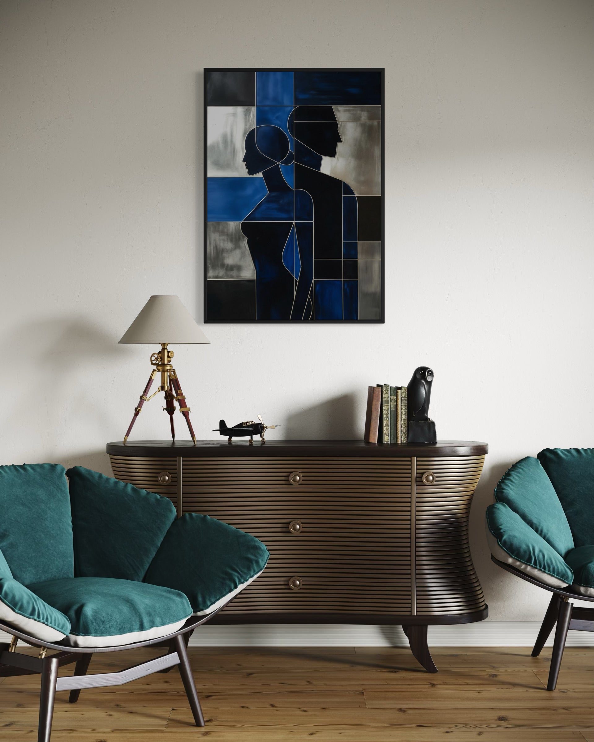 Quadro astratto con figure stilizzate blu, dettagli bianchi e neri, cornice nera