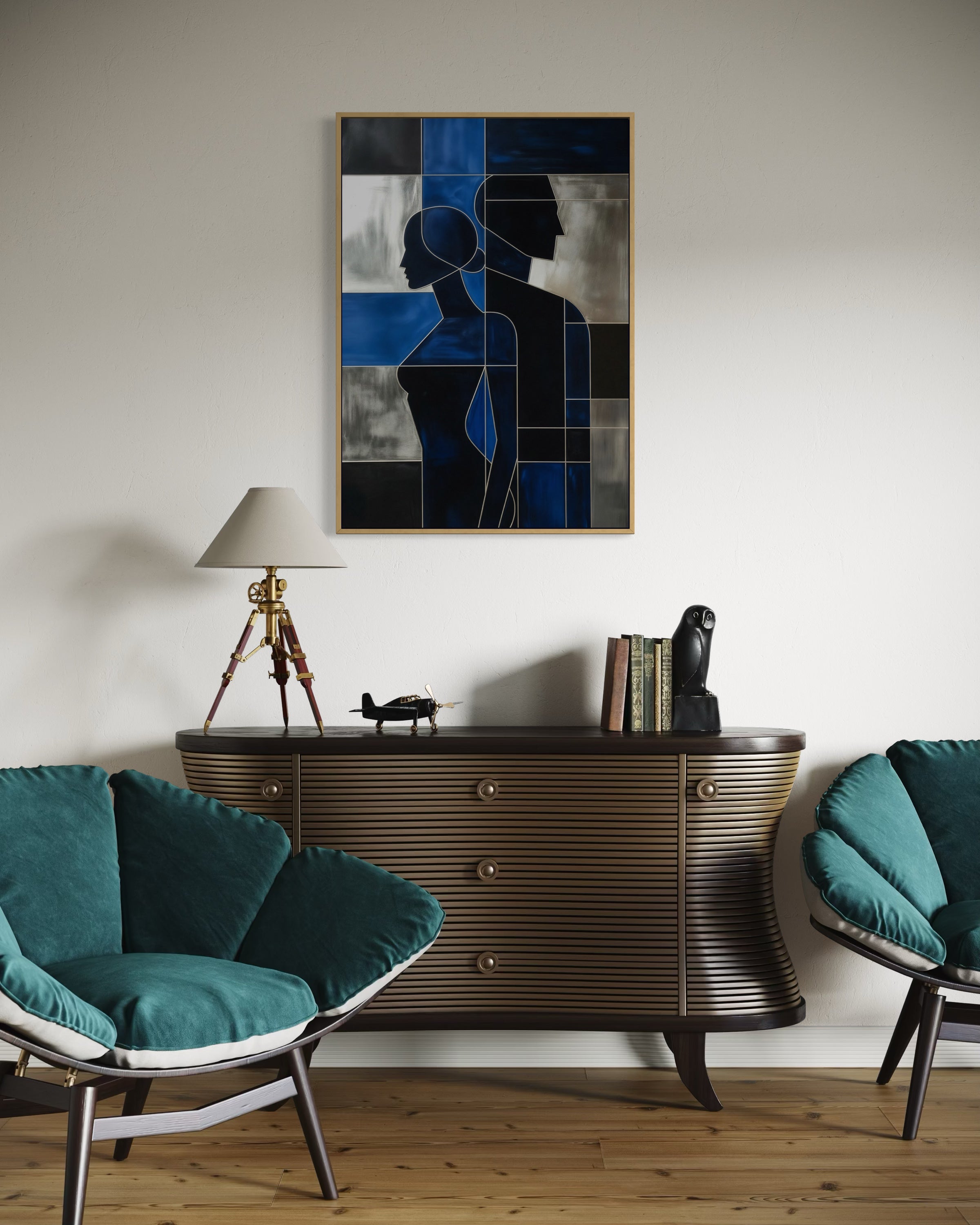 Stampa d’arte incorniciata: astratto blu, nero e grigio con contorni geometrici