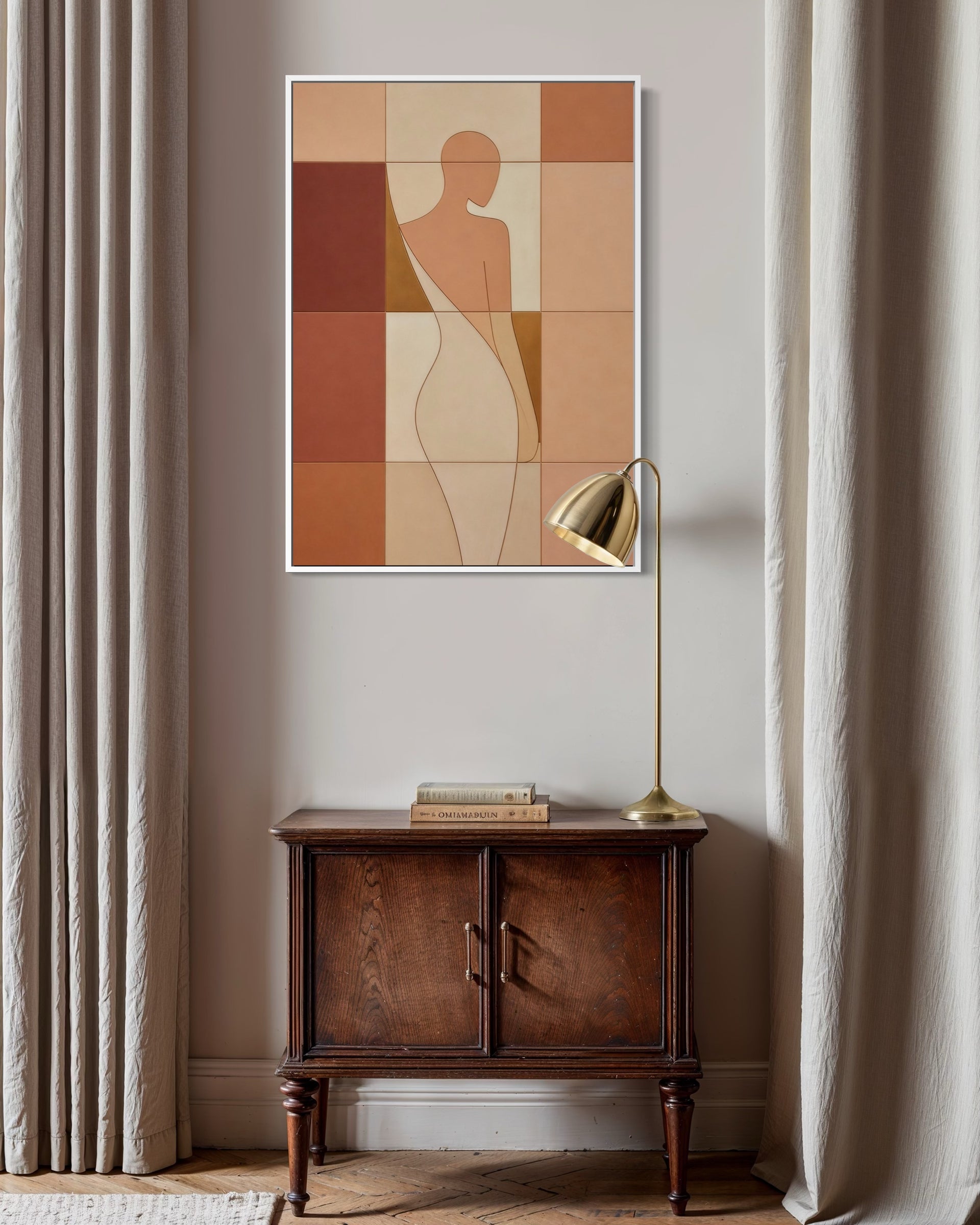 Riflessi di Terra: quadro con figura femminile stilizzata, cornice bianca