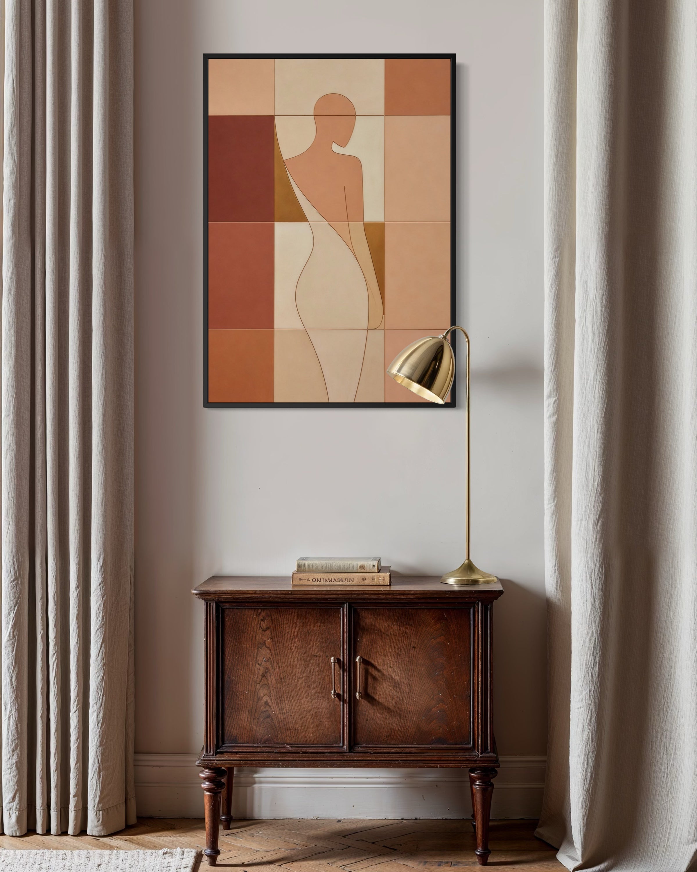 Riflessi di Terra: quadro con figura femminile stilizzata, cornice nera
