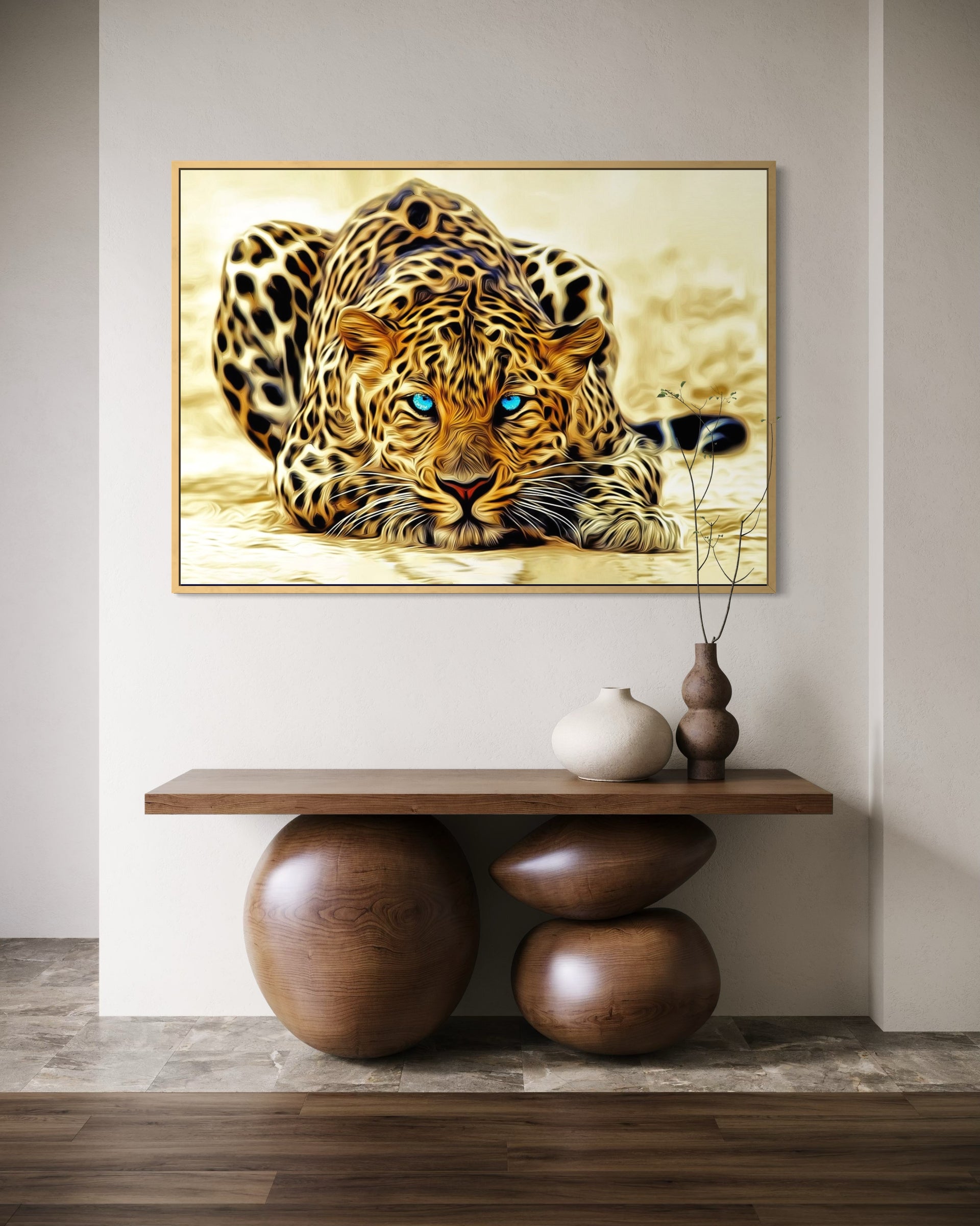 Quadro Sguardo di Zaffiro nella Sabbia, cornice dorata, leopardo con occhi azzurri