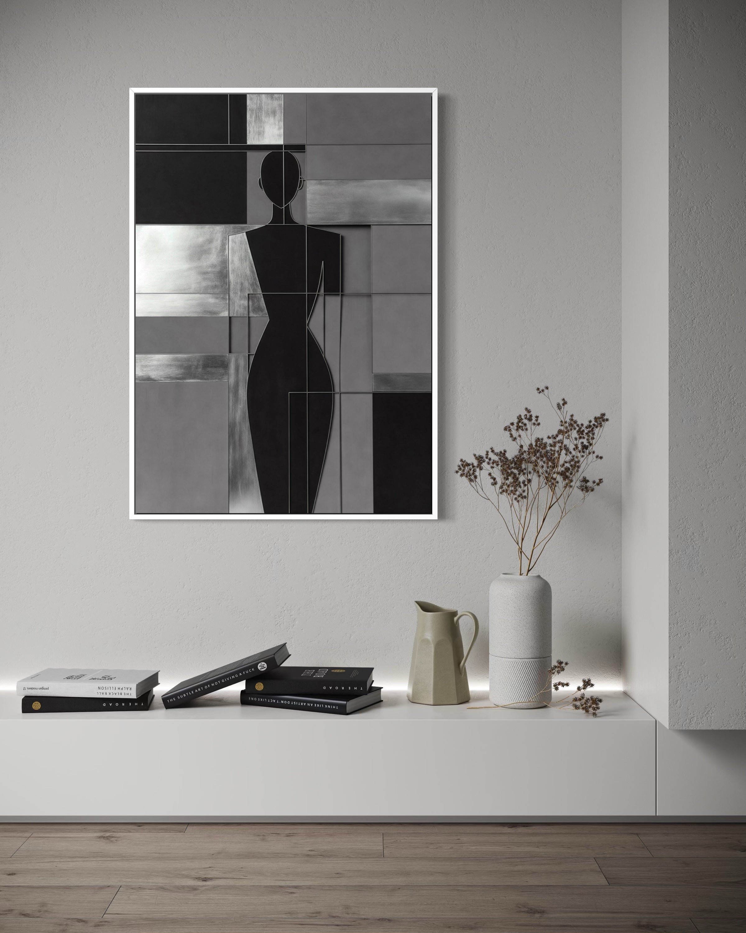 L'Anima Blu: composizione astratta con donna in silhouette, cornice bianca