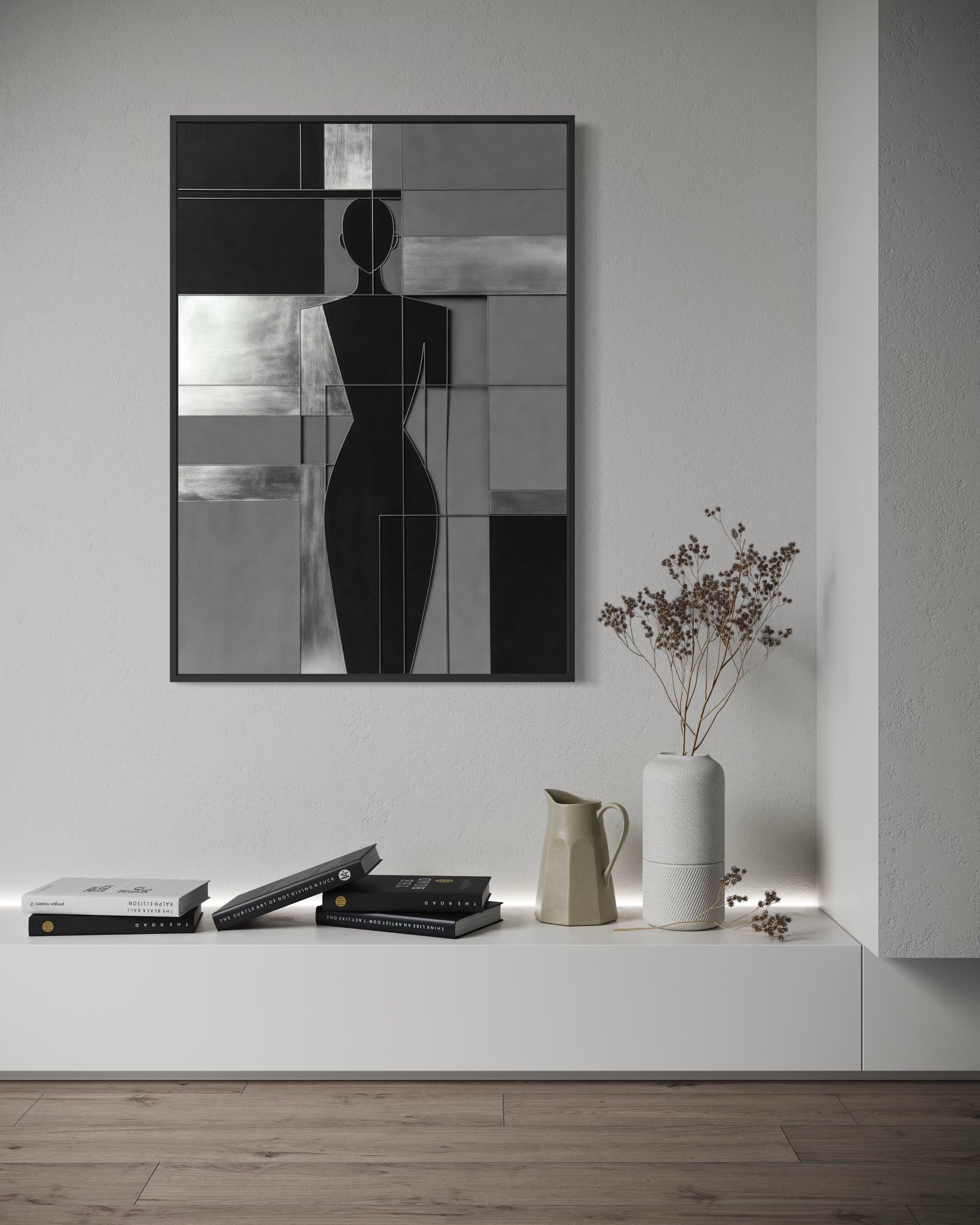 L'Anima Blu: silhouette scura femminile, griglia astratta, telaio nero